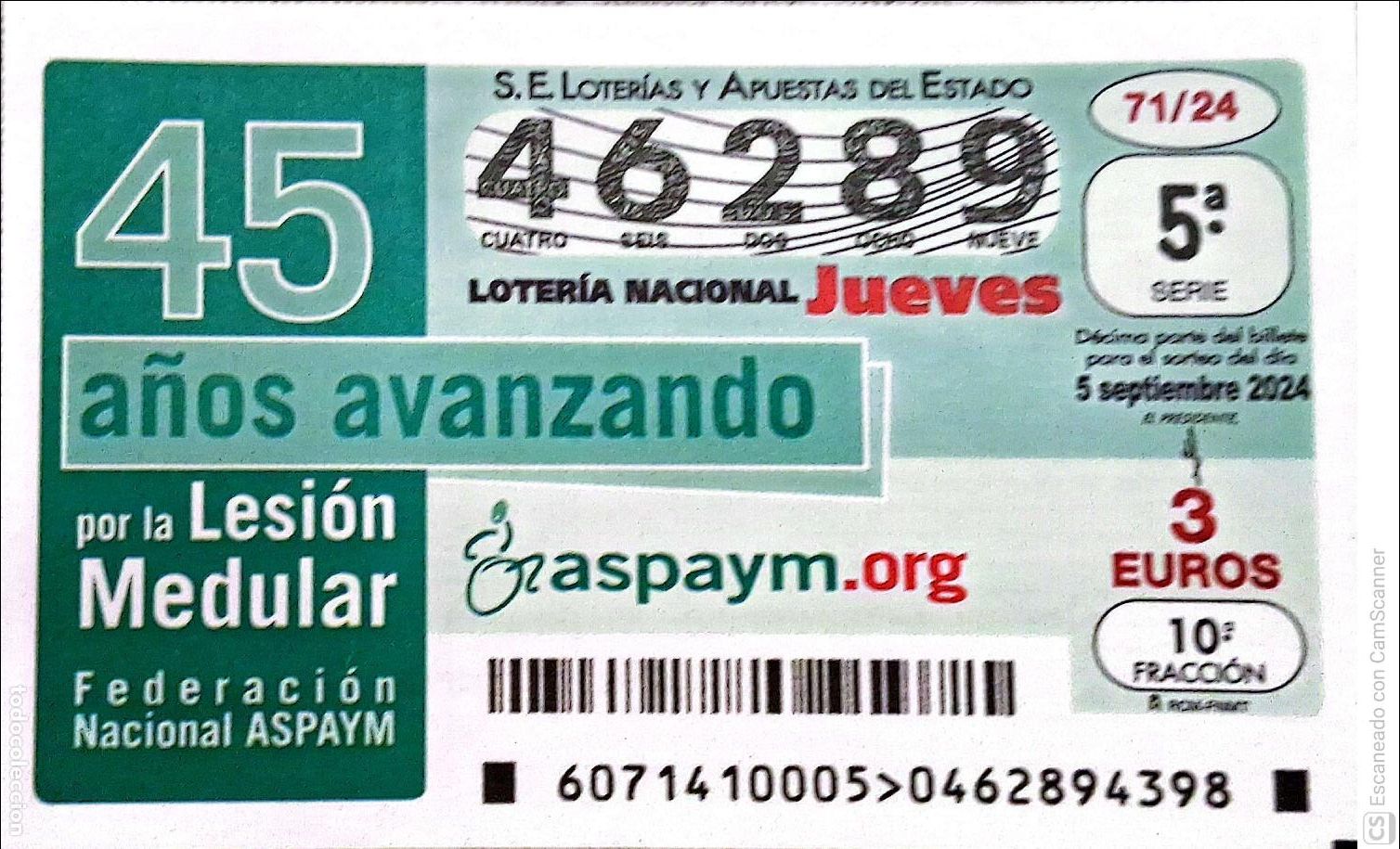 Loterie Nationale: Espa&ntilde;a. Loter&iacute;a. 2024. Sorteo: 71 45 a&ntilde;os avanzando por la lesi&oacute;n Medular. Fecha: 5 septiembre