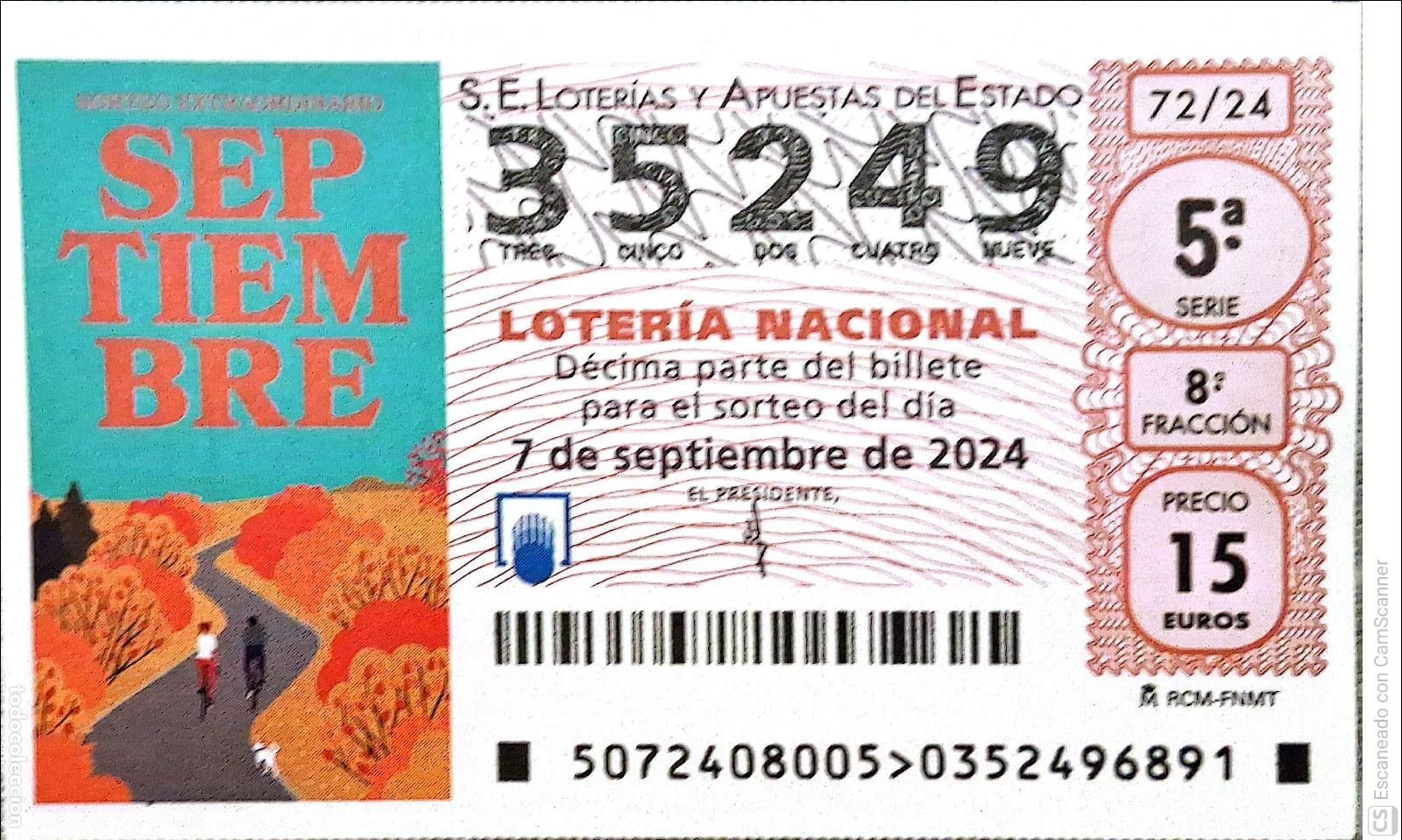 Loterie Nationale: Espa&ntilde;a. Loter&iacute;a. 2024. Sorteo: 72 Sorteo Extraordinario Septiembre. Fecha: 7 septiembre