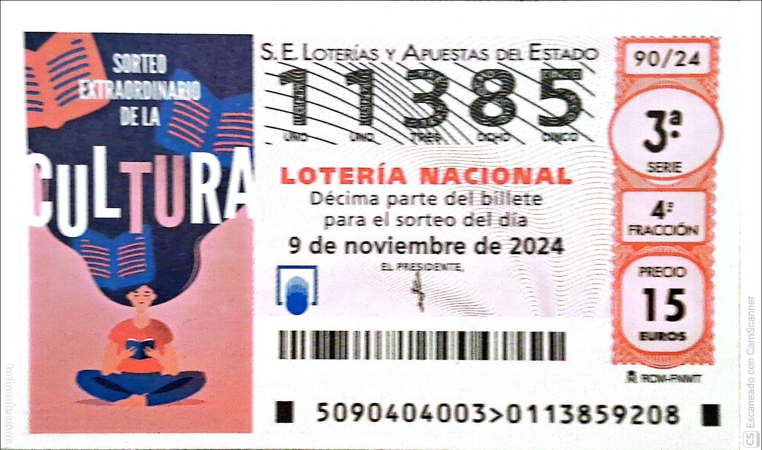 Loterie Nationale: Espa&ntilde;a. Loter&iacute;a. 2024. Sorteo: 90 Sorteo Extraordinario de la Cultura. Fecha: 9 noviembre