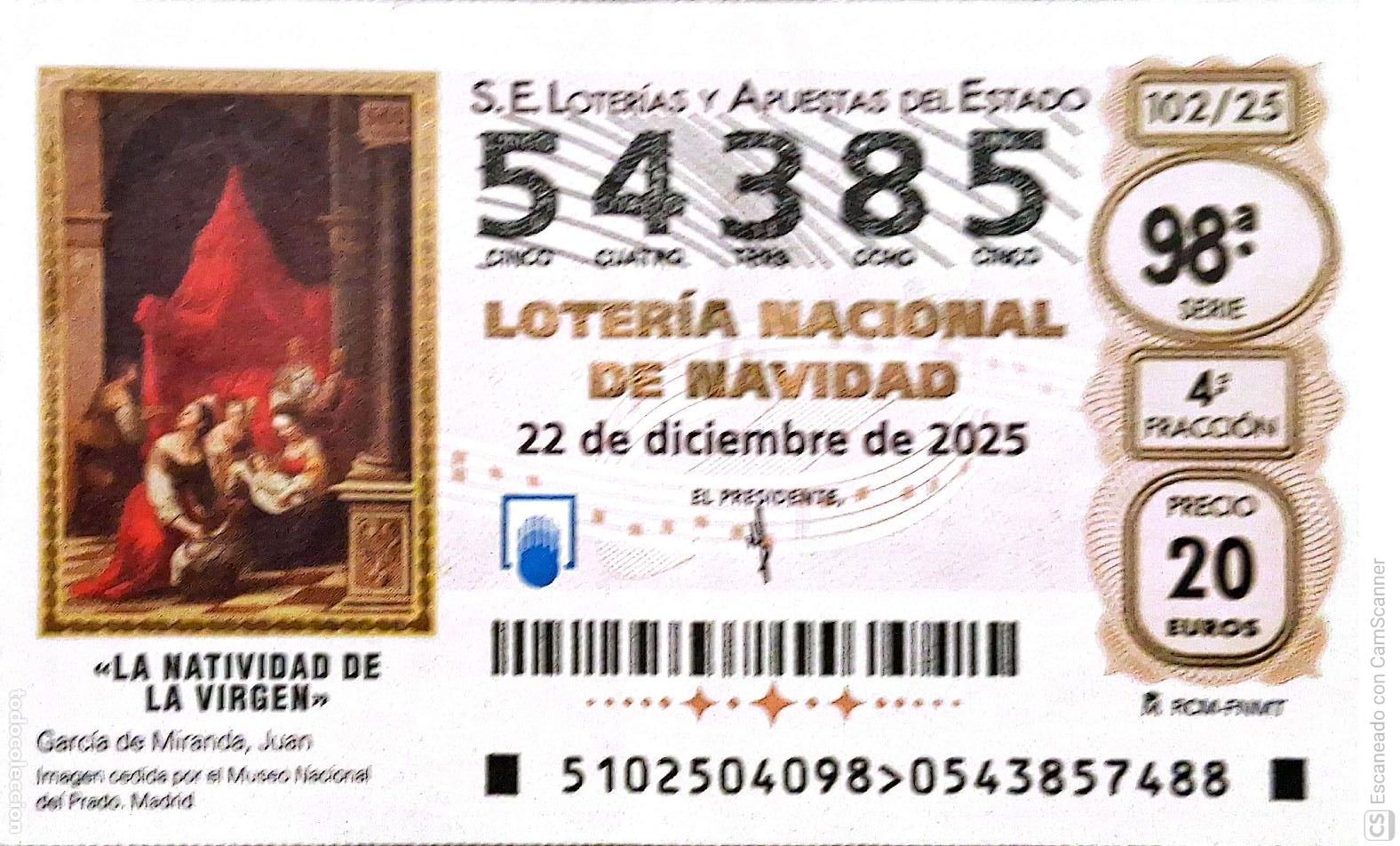 Loterie Nationale: Espa&ntilde;a. Loter&iacute;a. 2025. Sorteo: 102 La Natividad de la Virgen de Juan Garc&iacute;a de Miranda. Fecha: 22 d