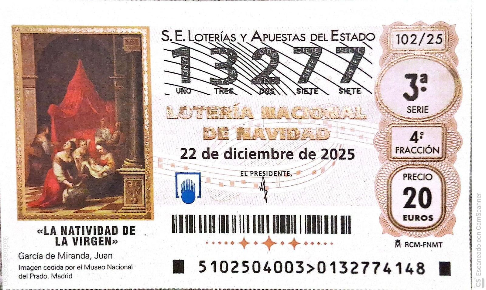 Loterie Nationale: Espa&ntilde;a. Loter&iacute;a. 2025. Sorteo: 102 La Natividad de la Virgen de Juan Garc&iacute;a de Miranda. Fecha: 22 d