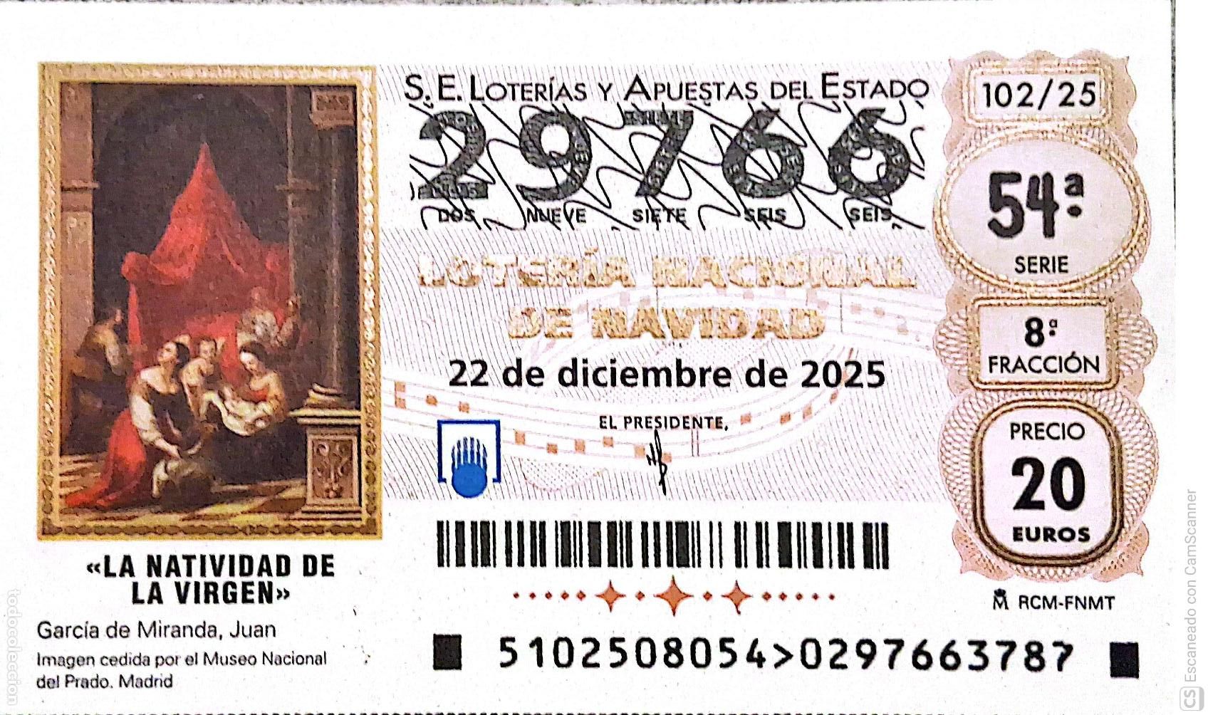 Loterie Nationale: Espa&ntilde;a. Loter&iacute;a. 2025. Sorteo: 102 La Natividad de la Virgen de Juan Garc&iacute;a de Miranda. Fecha: 22 d