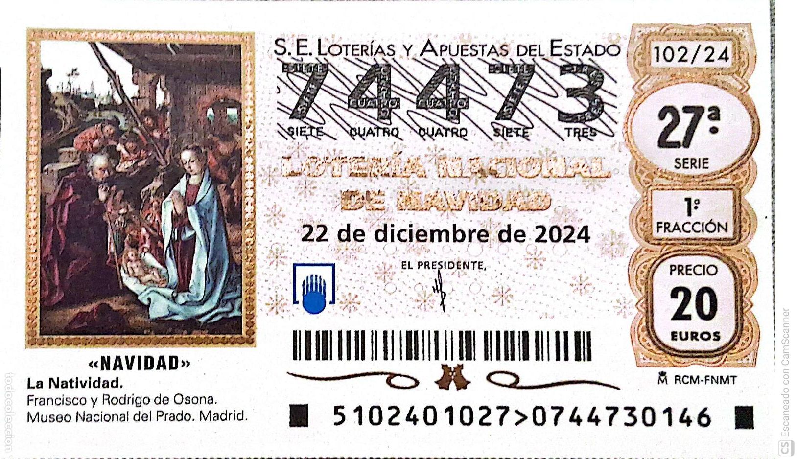 Loterie Nationale: Espa&ntilde;a. Loter&iacute;a. 2024. Sorteo: 102 Navidad: La Natividad de Francisco y Rodrigo de Osona. Fecha: 22