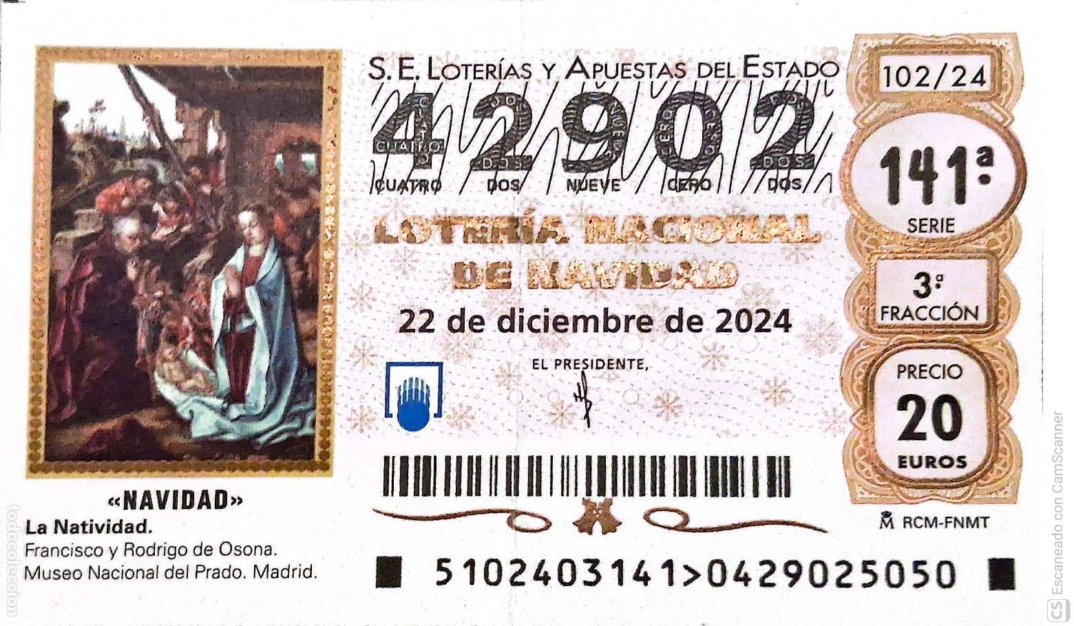 Loterie Nationale: Espa&ntilde;a. Loter&iacute;a. 2024. Sorteo: 102 Navidad: La Natividad de Francisco y Rodrigo de Osona. Fecha: 22