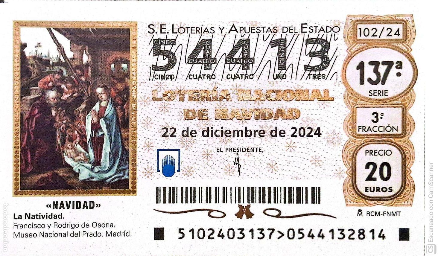 Loterie Nationale: Espa&ntilde;a. Loter&iacute;a. 2024. Sorteo: 102 Navidad: La Natividad de Francisco y Rodrigo de Osona. Fecha: 22