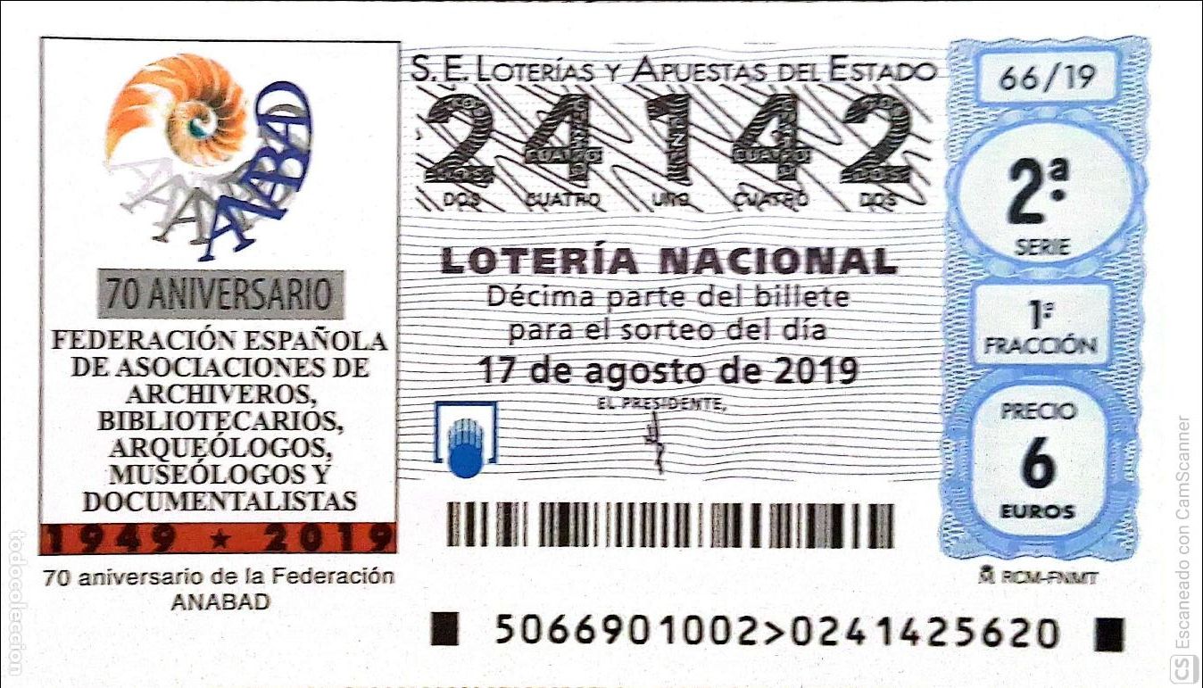 Loter&iacute;a Nacional: Espa&ntilde;a. Loter&iacute;a. 2019. Sorteo: 66 70 Aniversario Archiveros, Bibliotecarios, Arque&oacute;logos.... Fecha: