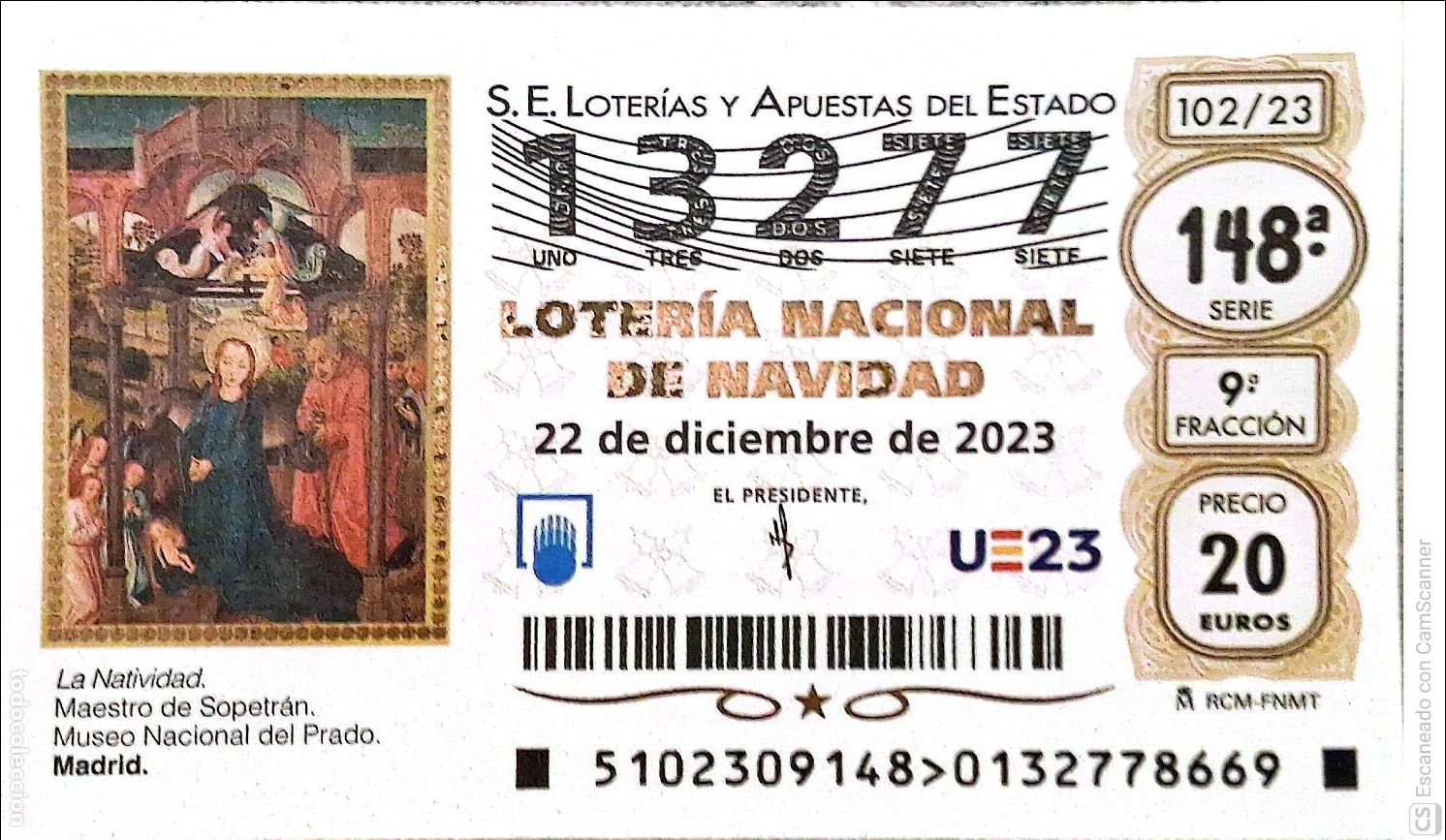 Loter&iacute;a Nacional: Espa&ntilde;a. Loter&iacute;a. 2023. Sorteo: 102 La Natividad. Maestro de Sopetr&aacute;n. Museo Nacional del Prado. Mad