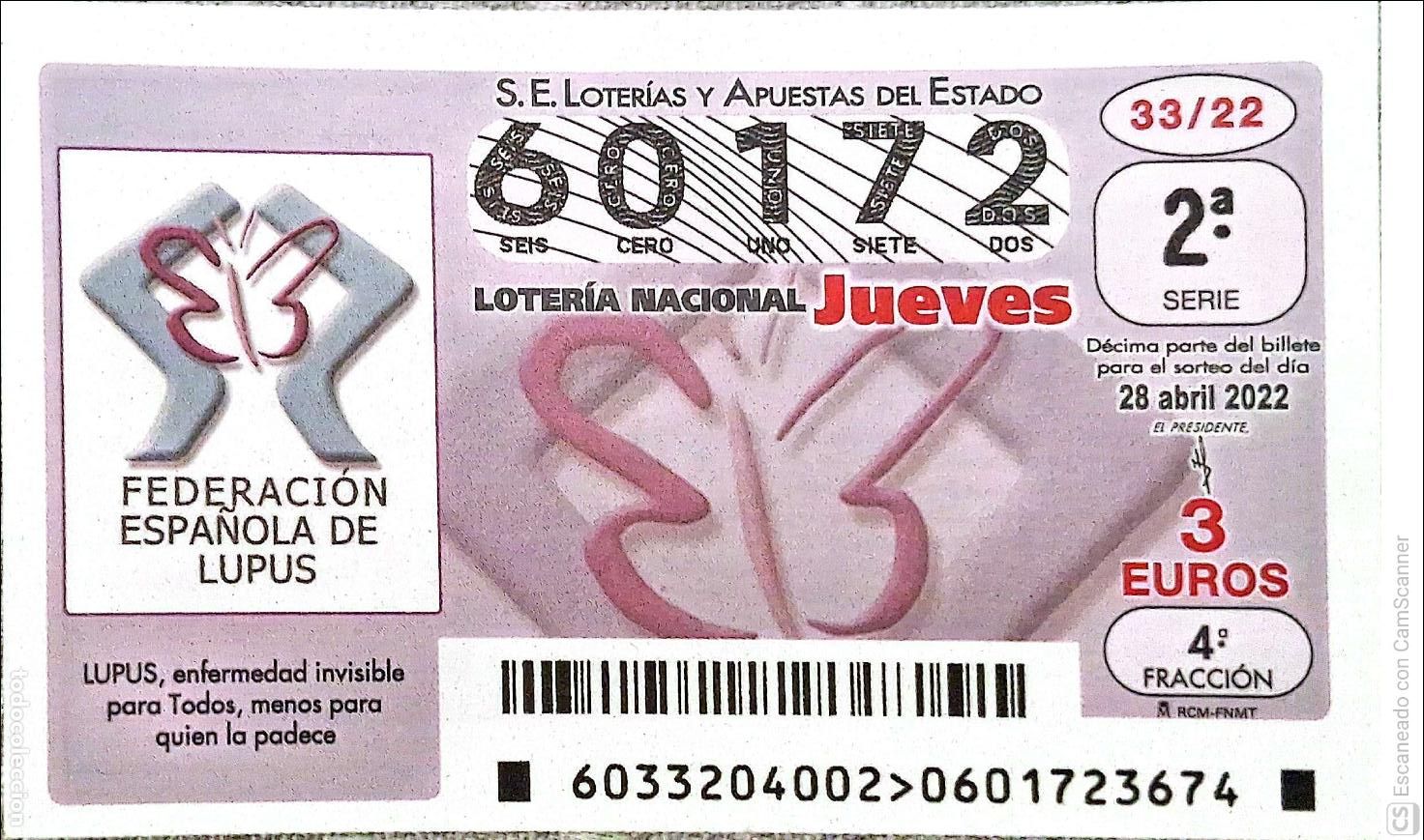 Loter&iacute;a Nacional: Espa&ntilde;a. Loter&iacute;a. 2022. Sorteo: 33 Federaci&oacute;n Espa&ntilde;ola de Lupus. Fecha: 28 abril.
