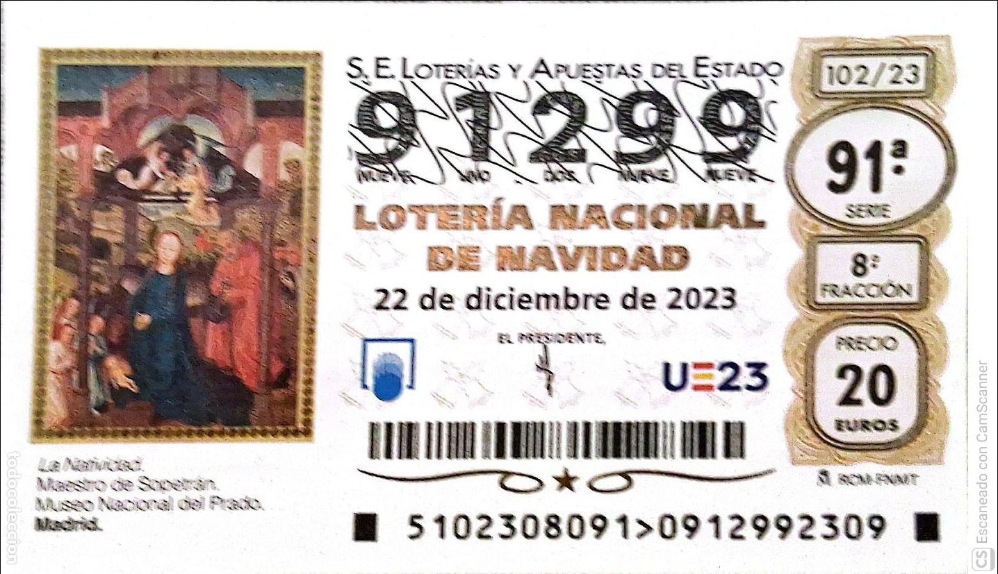 Loter&iacute;a Nacional: Espa&ntilde;a. Loter&iacute;a. 2023. Sorteo: 102 La Natividad. Maestro de Sopetr&aacute;n. Museo Nacional del Prado. Mad