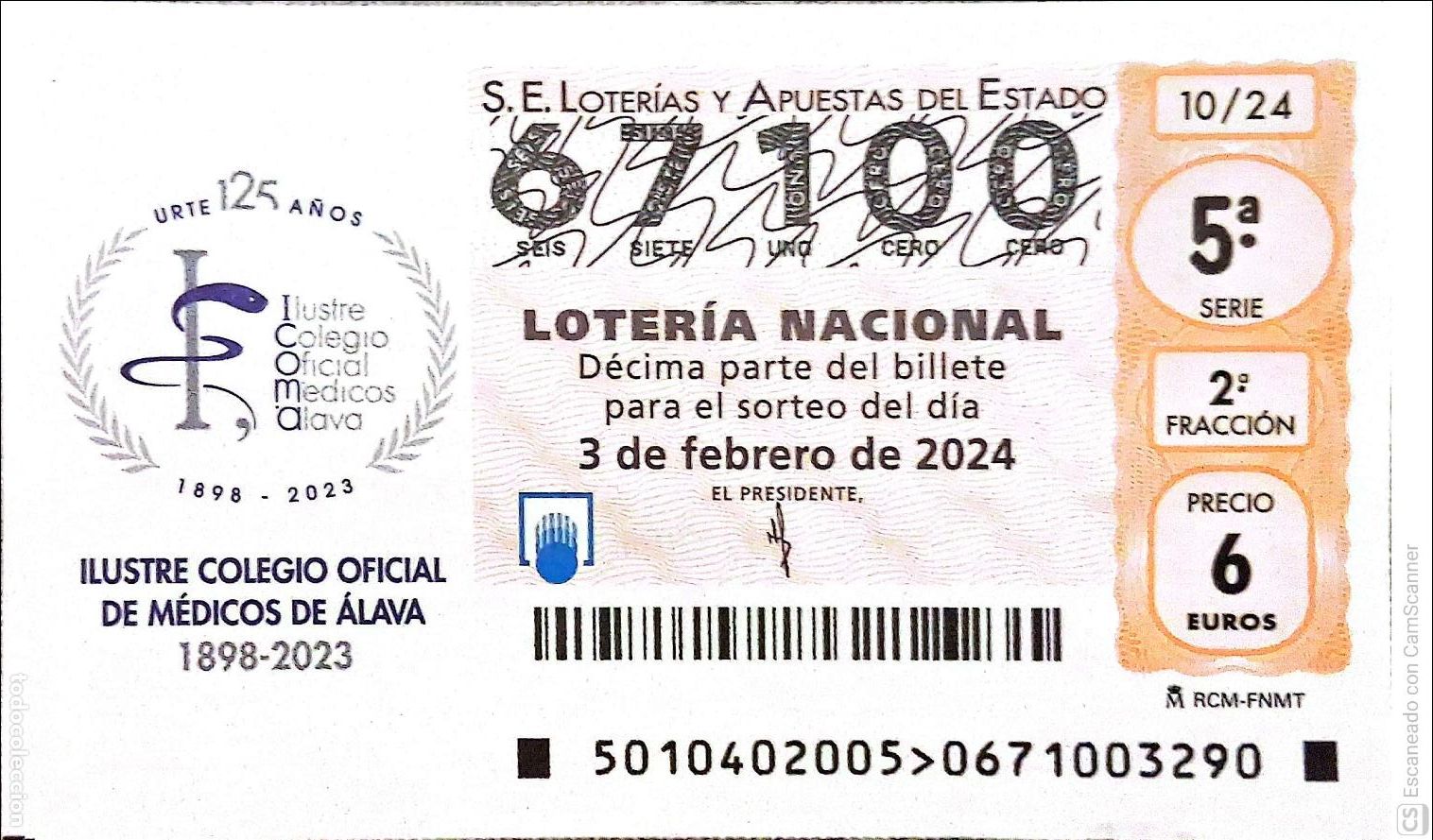 Loter&iacute;a Nacional: Espa&ntilde;a. Loter&iacute;a. 2024. Sorteo: 10 Ilustre Colegio Oficial de M&eacute;dicos de &Aacute;lava 1898/2023. Fecha: 3 f