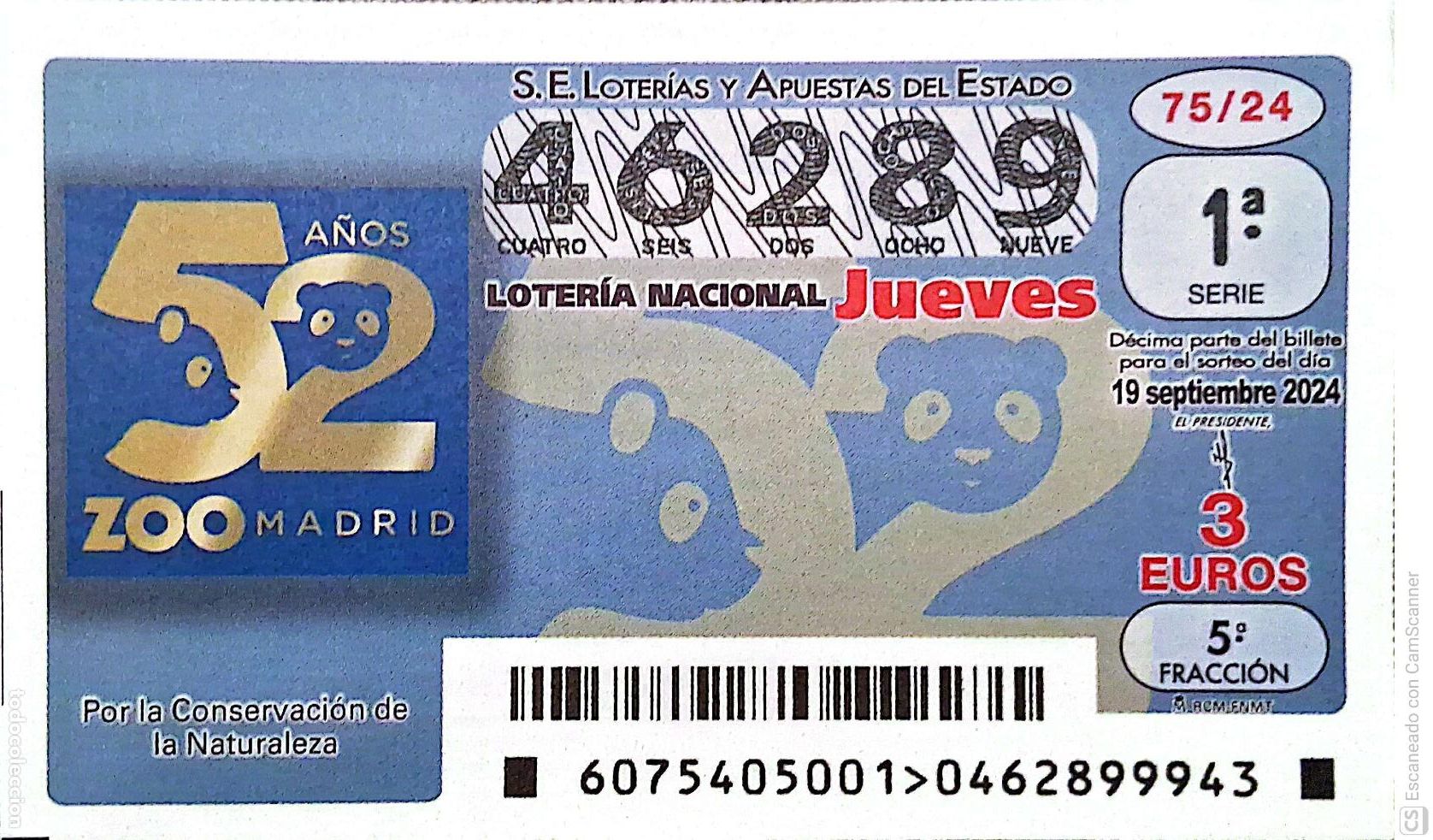 Loter&iacute;a Nacional: Espa&ntilde;a. Loter&iacute;a. 2024. Sorteo: 75 Aniversario Zoo de Madrid. Por la conservaci&oacute;n de la Naturaleza.