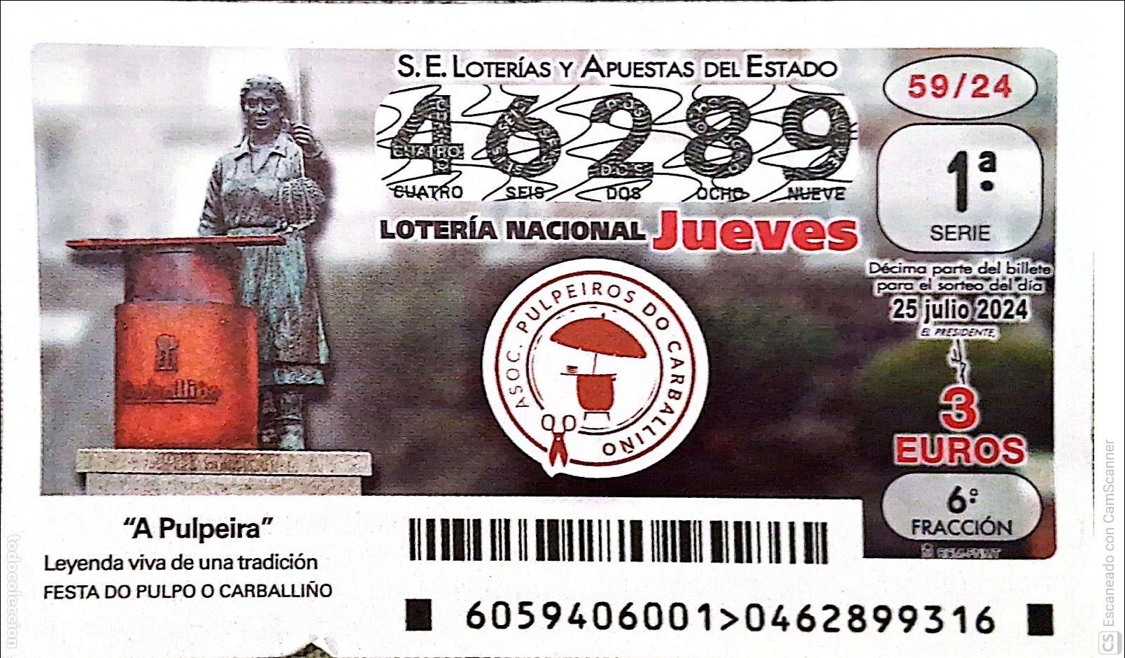 Loter&iacute;a Nacional: Espa&ntilde;a. Loter&iacute;a. 2024. Sorteo: 59 A Pulpeira. Leyenda viva de una tradici&oacute;n Festa do Pulpo o Carbal