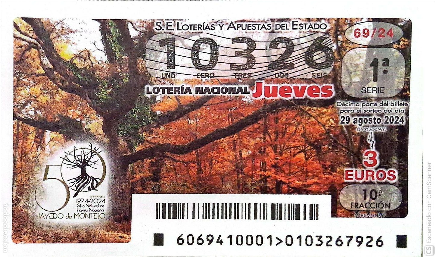 Loter&iacute;a Nacional: Espa&ntilde;a. Loter&iacute;a. 2024. Sorteo: 69 Hayedo de Montejo. Sitio Natural de inter&eacute;s Nacional. Fecha: 29