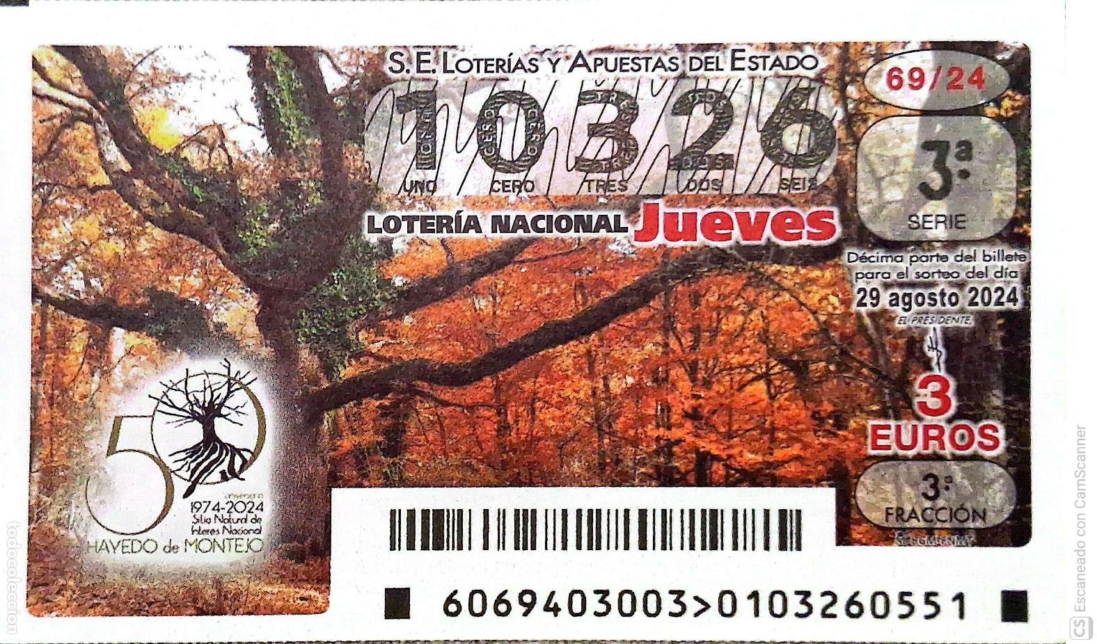 Loter&iacute;a Nacional: Espa&ntilde;a. Loter&iacute;a. 2024. Sorteo: 69 Hayedo de Montejo. Sitio Natural de inter&eacute;s Nacional. Fecha: 29