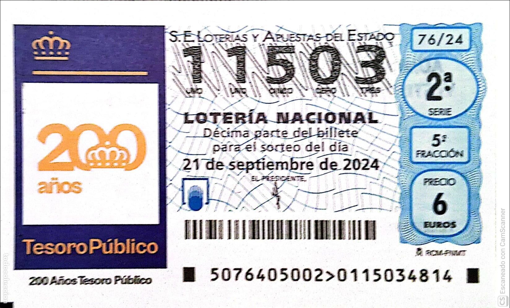 Loter&iacute;a Nacional: Espa&ntilde;a. Loter&iacute;a. 2024. Sorteo: 76 Aniversario del Tesoro P&uacute;blico. Fecha: 21 septiembre