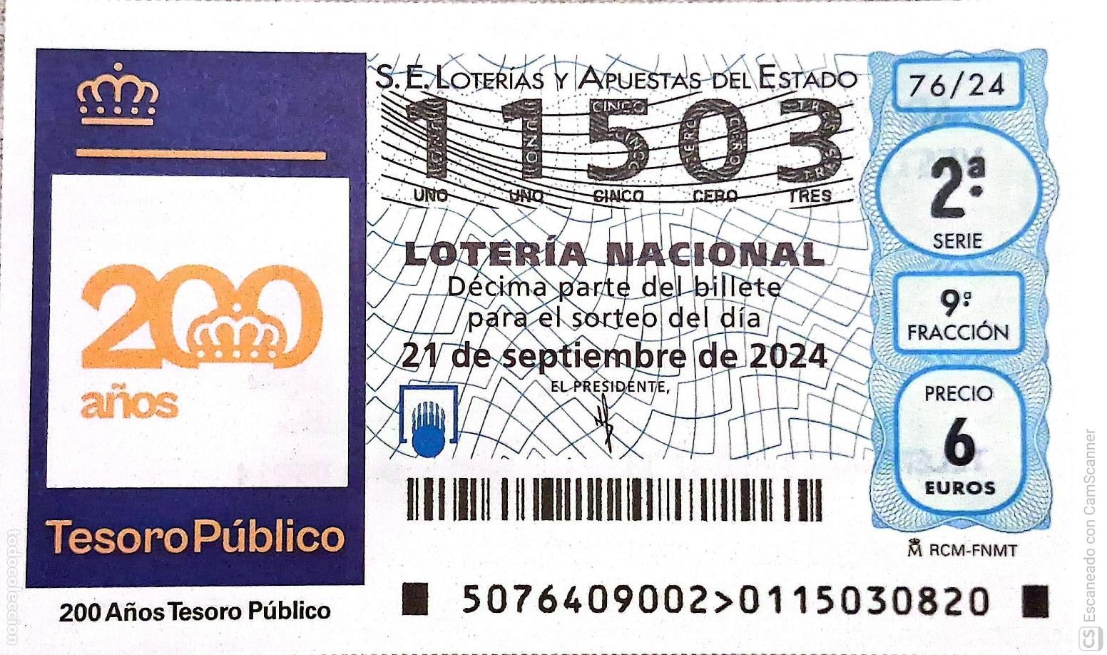 Loter&iacute;a Nacional: Espa&ntilde;a. Loter&iacute;a. 2024. Sorteo: 76 Aniversario del Tesoro P&uacute;blico. Fecha: 21 septiembre