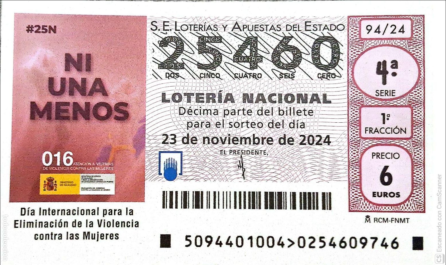 Loter&iacute;a Nacional: Espa&ntilde;a. Loter&iacute;a. 2024. Sorteo: 94 D&iacute;a Internacional para la Eliminaci&oacute;n de la Violencia contra las