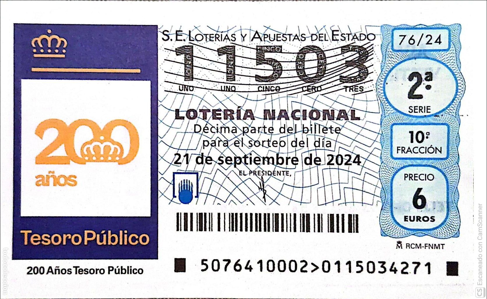 Loter&iacute;a Nacional: Espa&ntilde;a. Loter&iacute;a. 2024. Sorteo: 76 Aniversario del Tesoro P&uacute;blico. Fecha: 21 septiembre