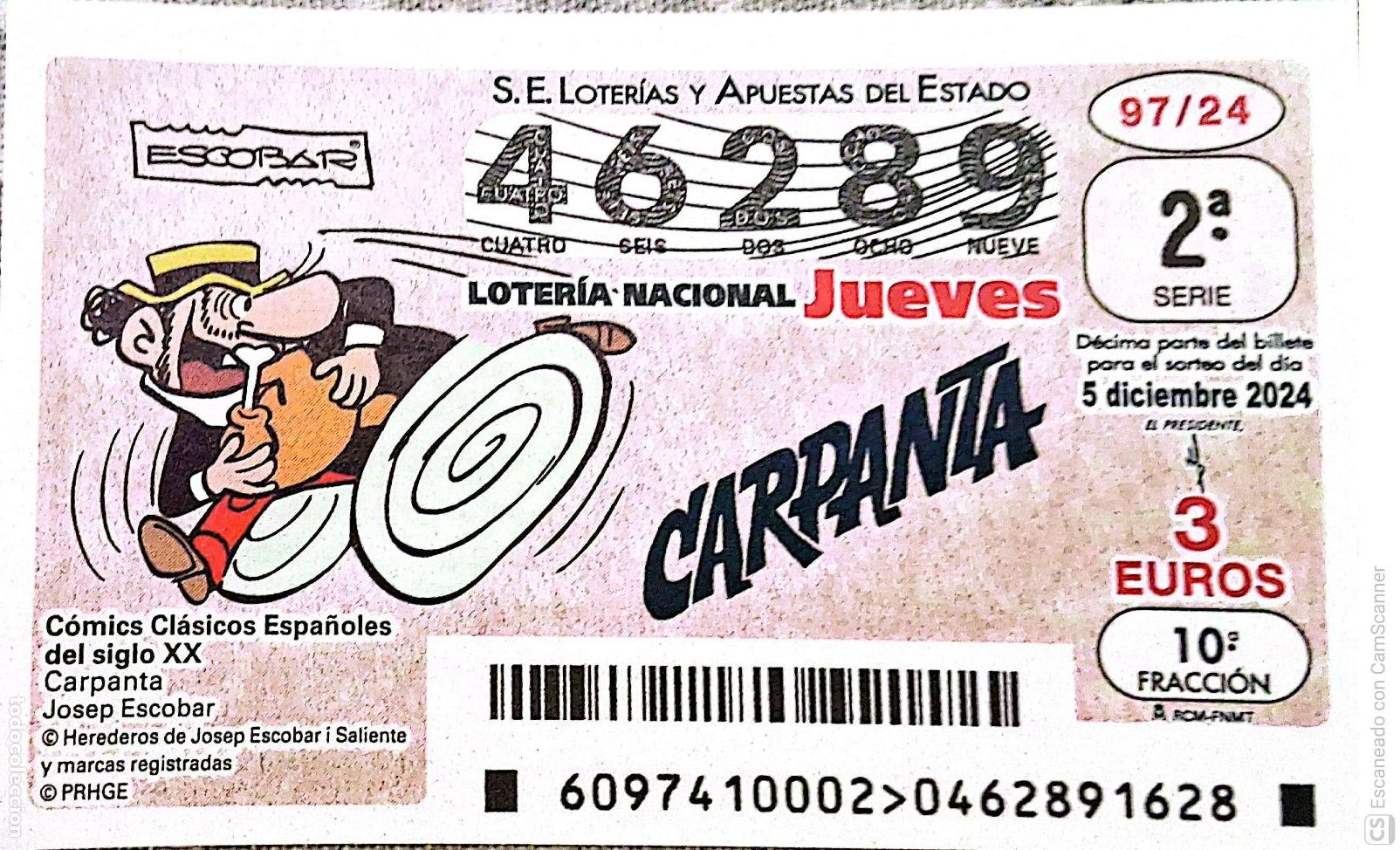 Loter&iacute;a Nacional: Espa&ntilde;a. Loter&iacute;a. 2024. Sorteo: 97 C&oacute;mics cl&aacute;sicos Espa&ntilde;oles: Carpanta. Josep Escobar. 5 diciembre.F