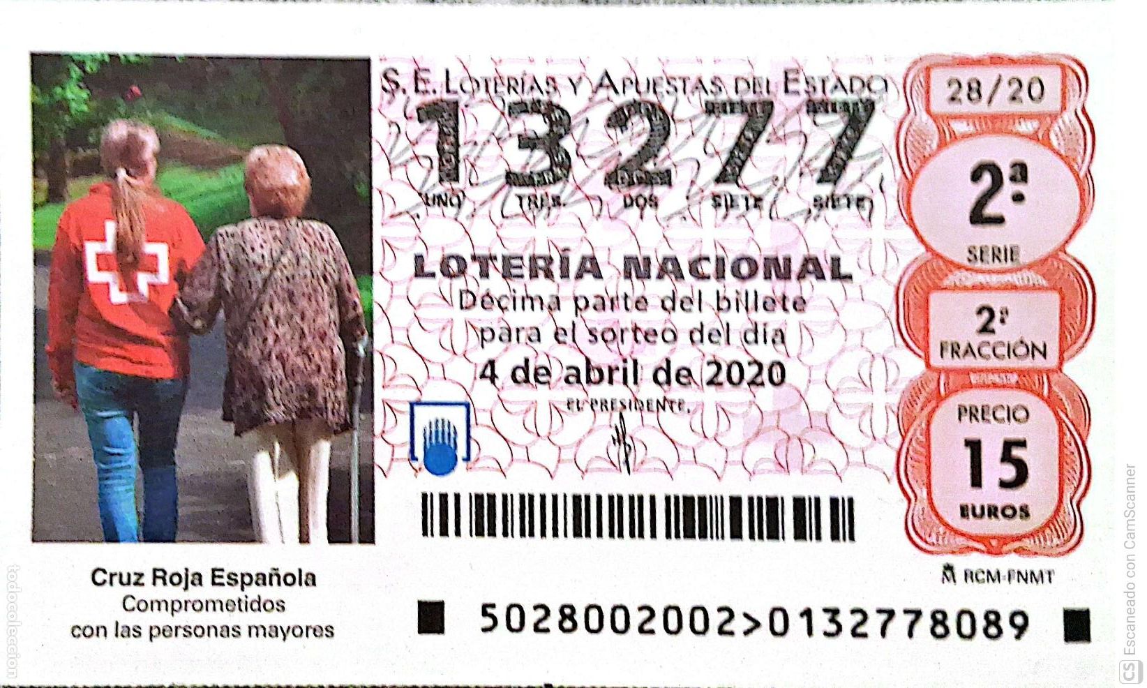 Loter&iacute;a Nacional: Espa&ntilde;a. Loter&iacute;a. 2020. Sorteo: 28 Cruz Roja. Comprometidos con las personas mayores. Fecha: 4 abril