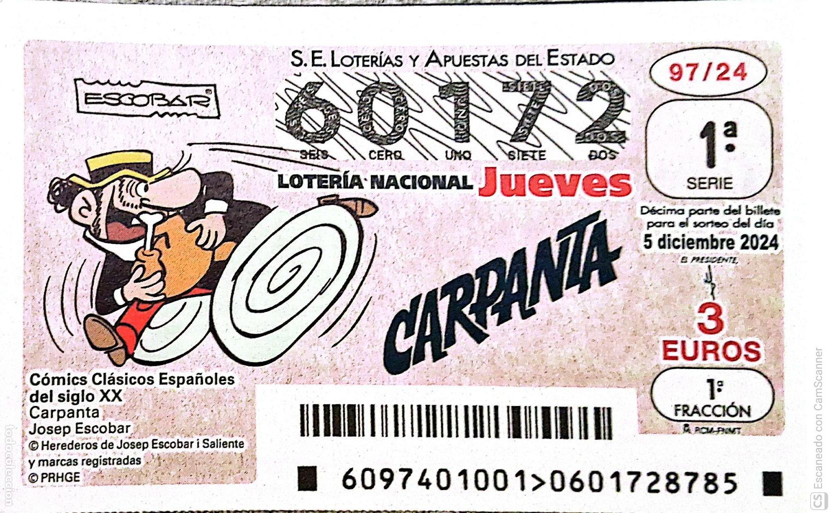 Loter&iacute;a Nacional: Espa&ntilde;a. Loter&iacute;a. 2024. Sorteo: 97 C&oacute;mics cl&aacute;sicos Espa&ntilde;oles: Carpanta. Josep Escobar. 5 diciembre.F