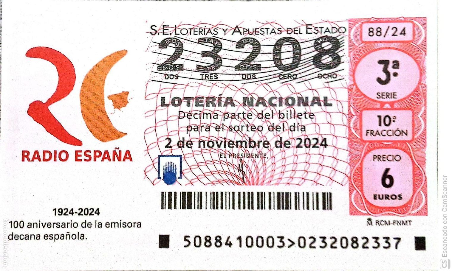 Loter&iacute;a Nacional: Espa&ntilde;a. Loter&iacute;a. 2024. Sorteo: 88 Aniversario de la emisora decana espa&ntilde;ola Radio Espa&ntilde;a. Fecha: 2