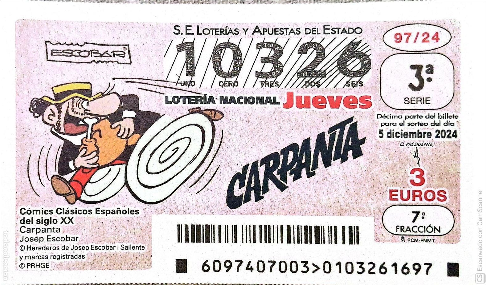 Loter&iacute;a Nacional: Espa&ntilde;a. Loter&iacute;a. 2024. Sorteo: 97 C&oacute;mics cl&aacute;sicos Espa&ntilde;oles: Carpanta. Josep Escobar. 5 diciembre.F