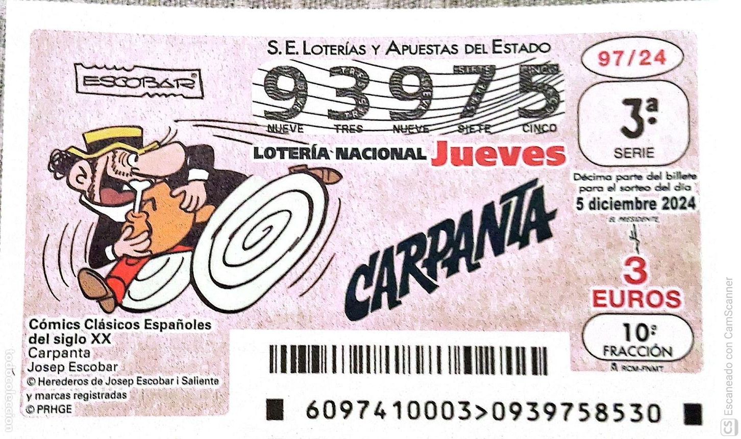 Loter&iacute;a Nacional: Espa&ntilde;a. Loter&iacute;a. 2024. Sorteo: 97 C&oacute;mics cl&aacute;sicos Espa&ntilde;oles: Carpanta. Josep Escobar. 5 diciembre.F