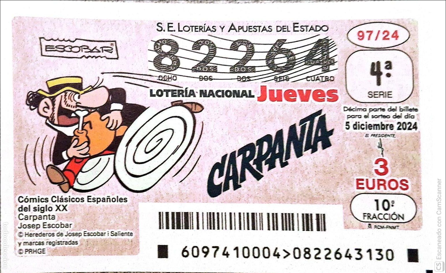 Loter&iacute;a Nacional: Espa&ntilde;a. Loter&iacute;a. 2024. Sorteo: 97 C&oacute;mics cl&aacute;sicos Espa&ntilde;oles: Carpanta. Josep Escobar. 5 diciembre.F