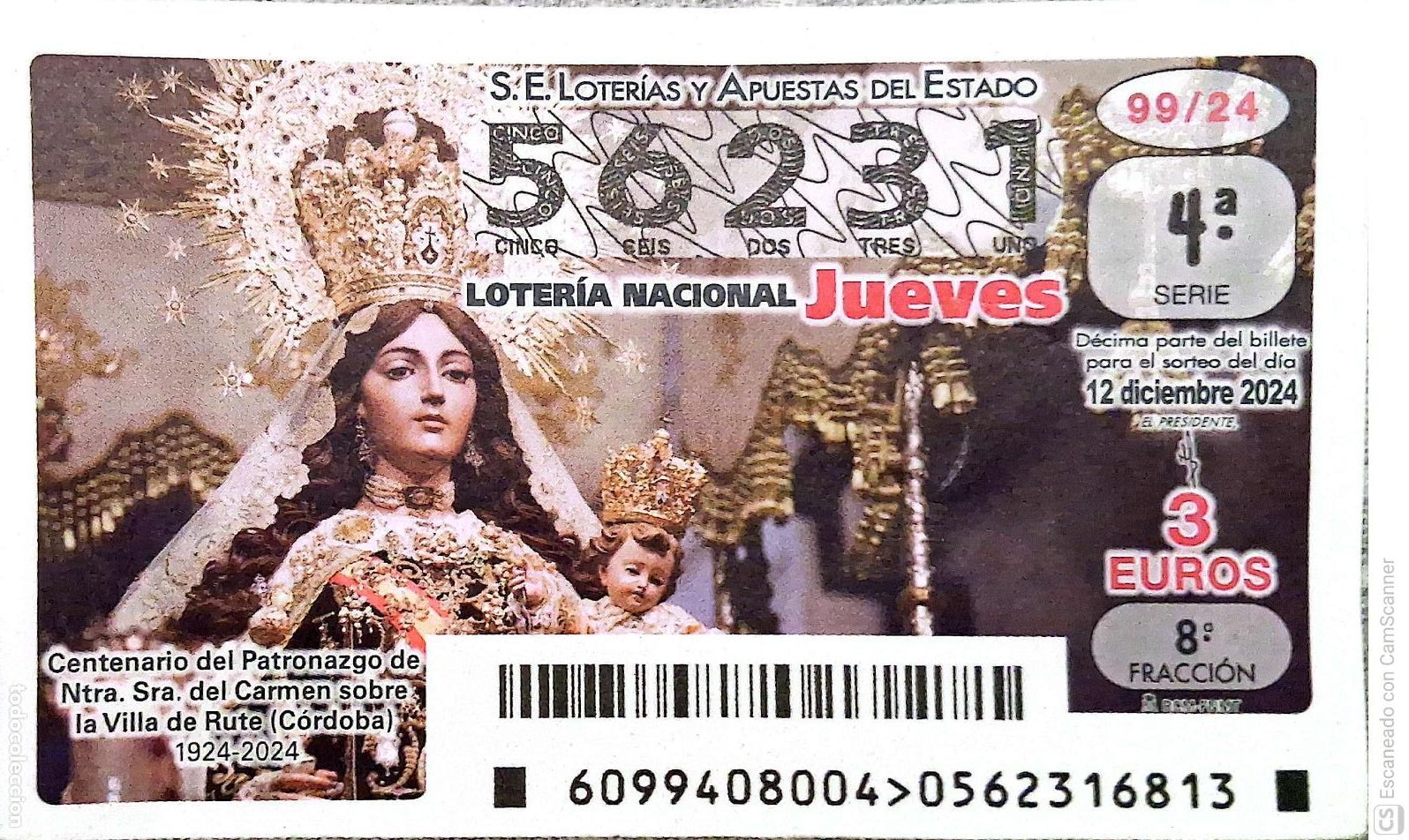 Loter&iacute;a Nacional: Espa&ntilde;a. Loter&iacute;a. 2024. Sorteo: 99 Patronazgo de Ntra. Sra. Del carmen sobre la Villa de Rute (C&oacute;rdo