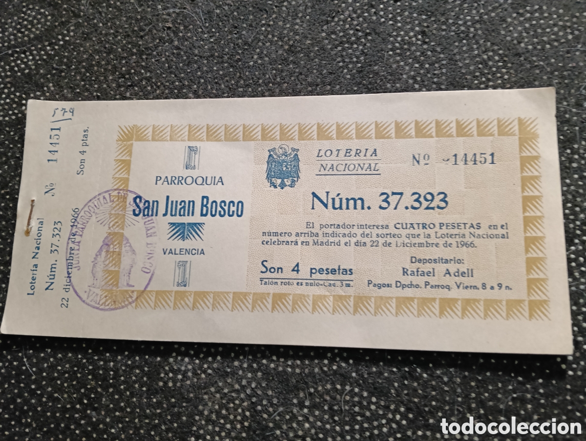 Loter&iacute;a Nacional: Taco de n&uacute;meros de loter&iacute;a 1966 de la Parroquia San Juan Bosco de Valencia en buen estado. Sin estre