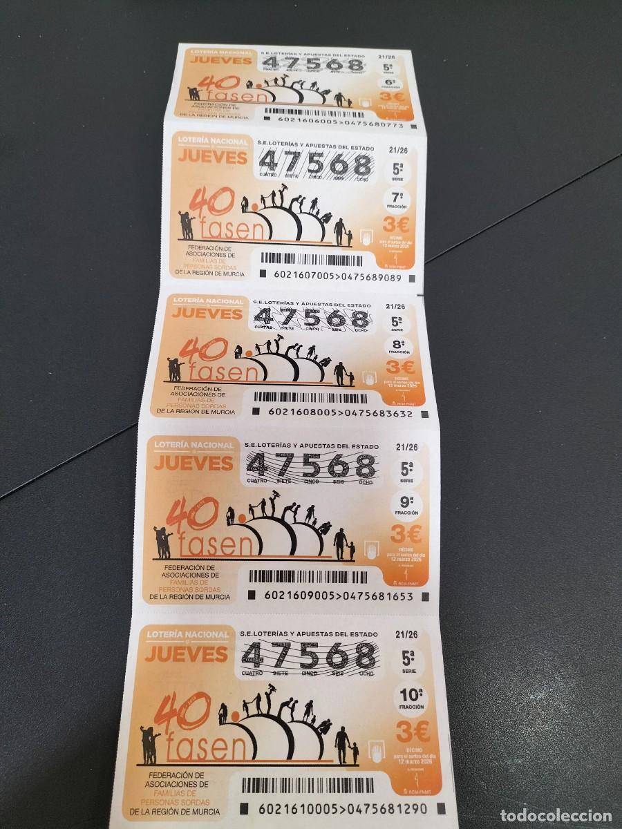 Loter&iacute;a Nacional: 5 DECIMOS LOTERIA NACIONAL JUEVES 12 MARZO 2026 - 21/26 MURCIA -ASOCIACION PERSONAS SORDAS