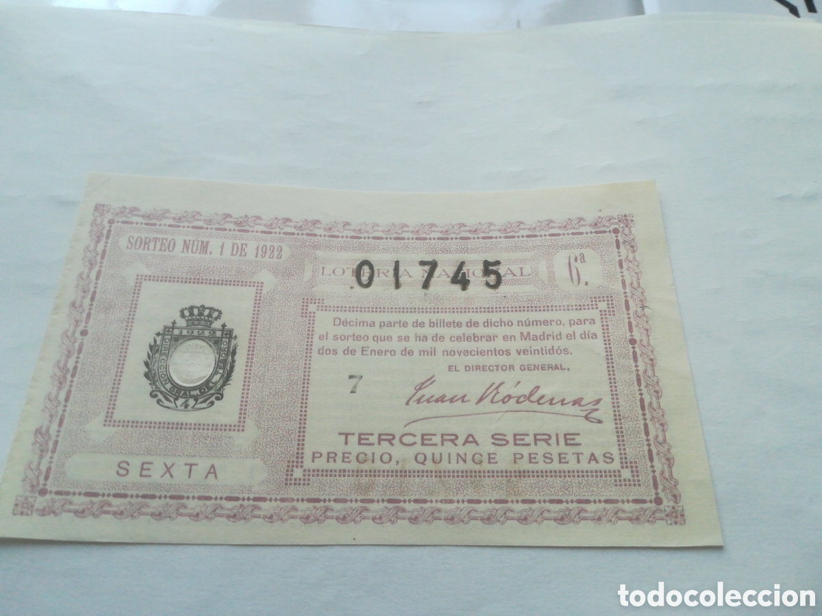 Loter&iacute;a Nacional: Decimo de loteria sorteo 1 de 1922
