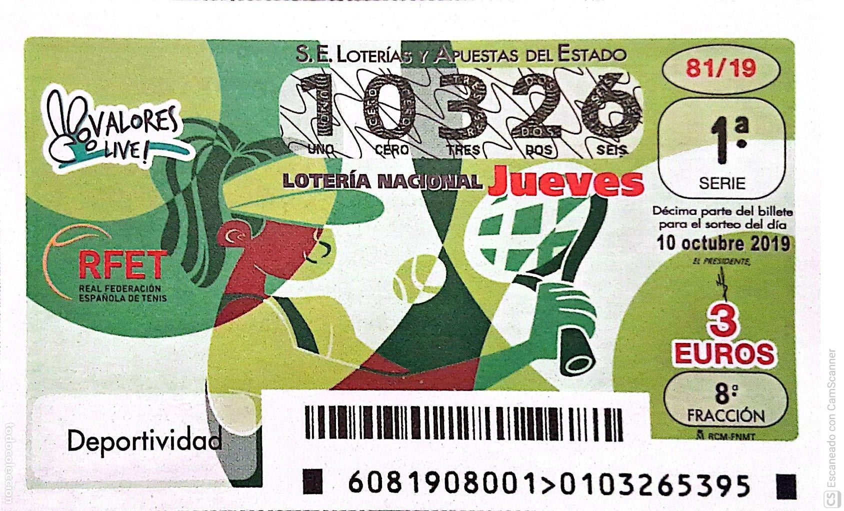 National Spanish Lottery: Espa&ntilde;a. Loter&iacute;a. 2019. Sorteo: 81 Valores Live: Deportividad. Fecha: 10 octubre