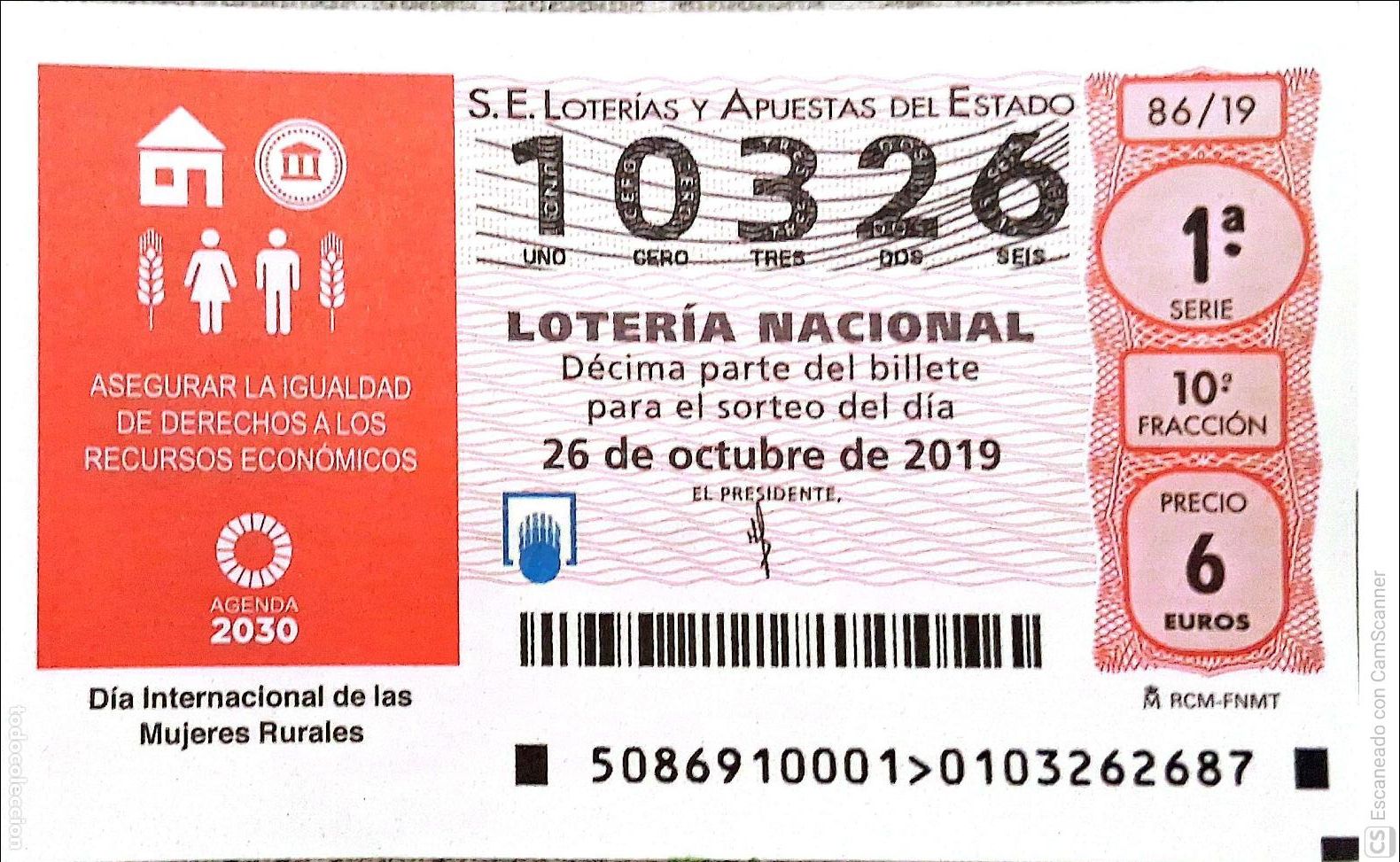 National Spanish Lottery: Espa&ntilde;a. Loter&iacute;a. 2019. Sorteo: 86 D&iacute;a Internacional de las Mujeres Rurales. Fecha: 26 octubre