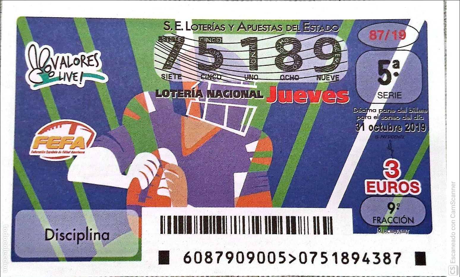 National Spanish Lottery: Espa&ntilde;a. Loter&iacute;a. 2019. Sorteo: 87 Valores Live: Disciplina. Fecha: 31 octubre
