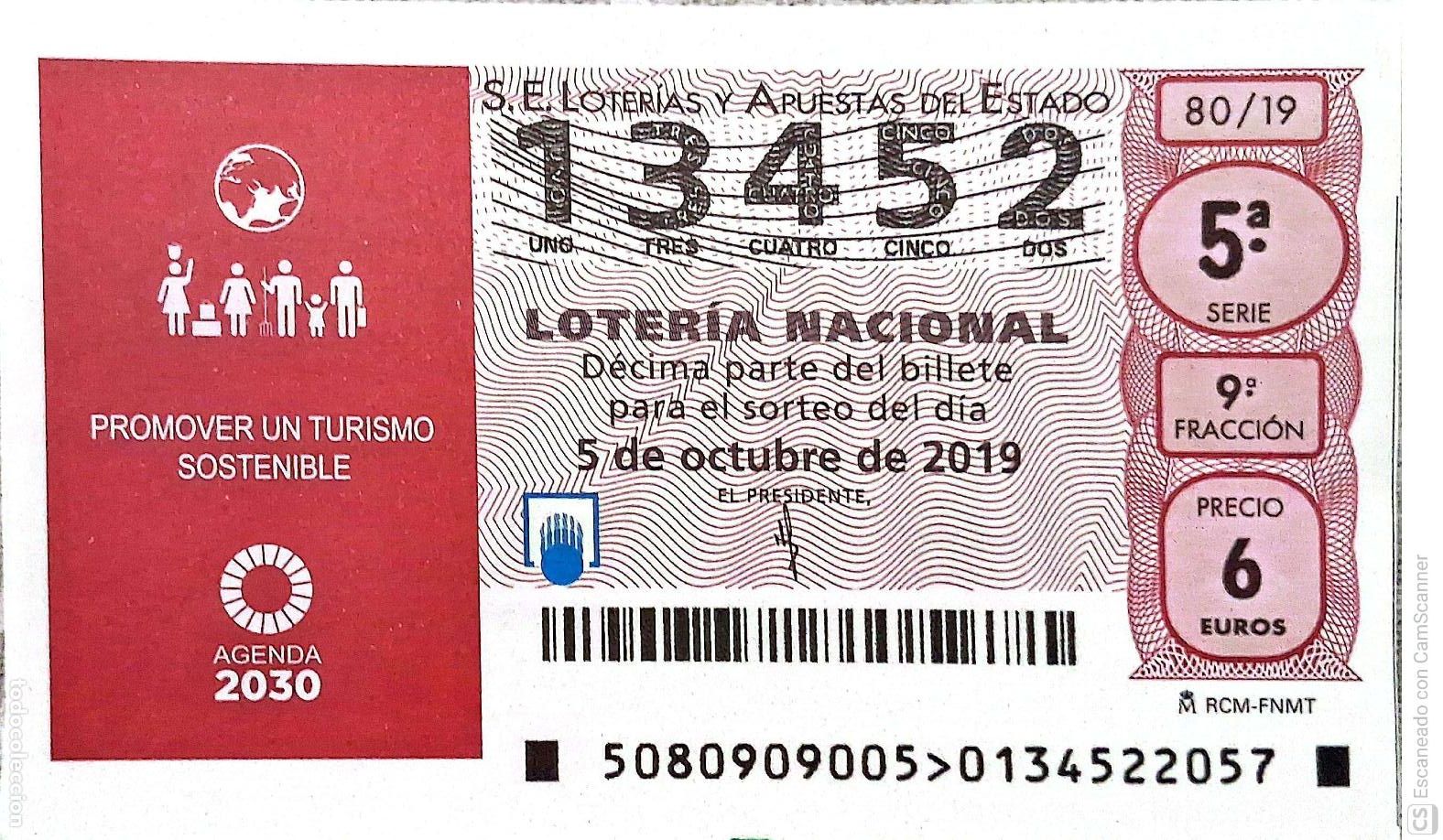 Loterie Nationale: Espa&ntilde;a. Loter&iacute;a. 2019. Sorteo: 80 Promover un Turismo sostenible. Fecha: 5 octubre