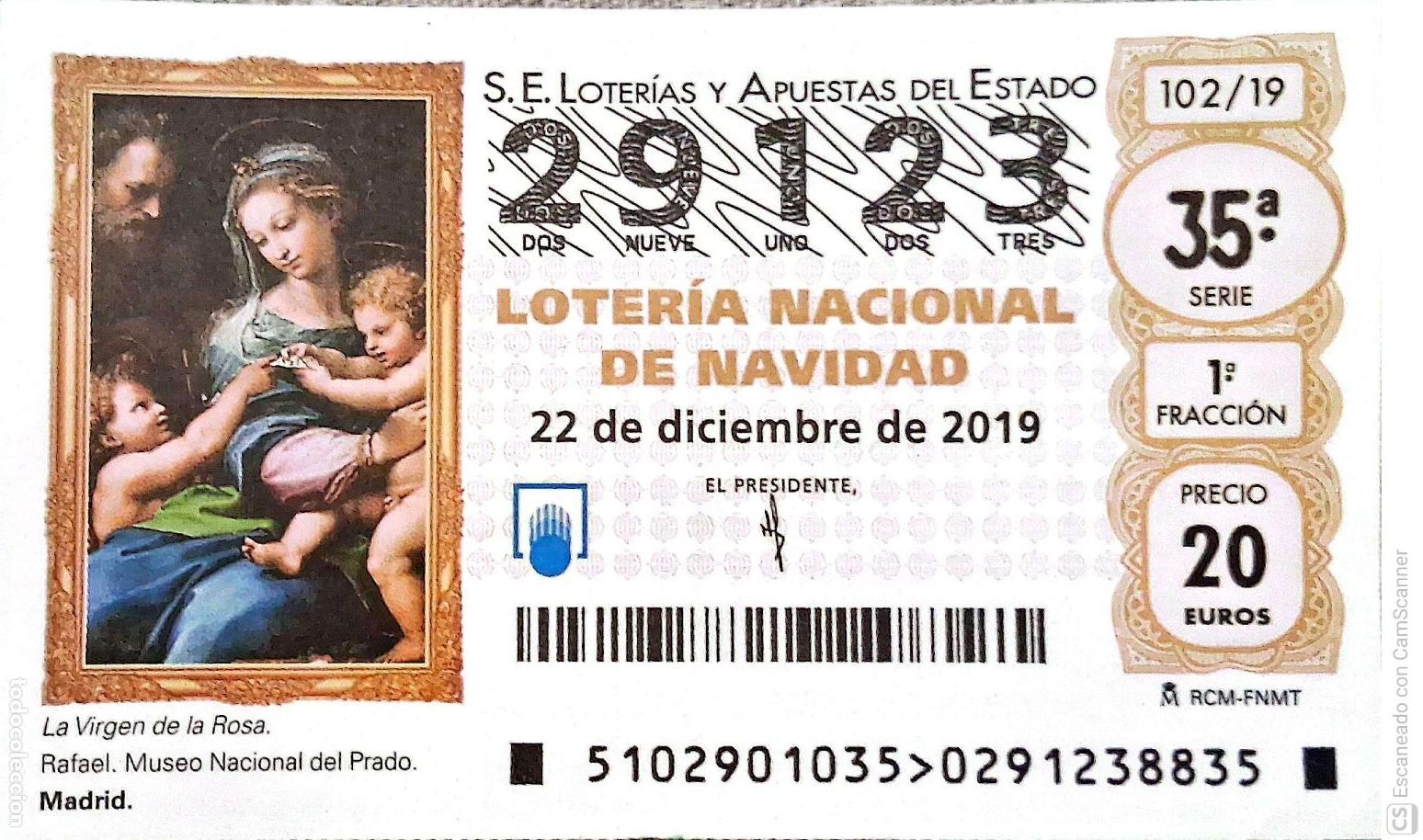 Loterie Nationale: Espa&ntilde;a. Loter&iacute;a. 2019. Sorteo: 102 La Virgen de la Rosa (Rafael). Fecha: 22 diciembre