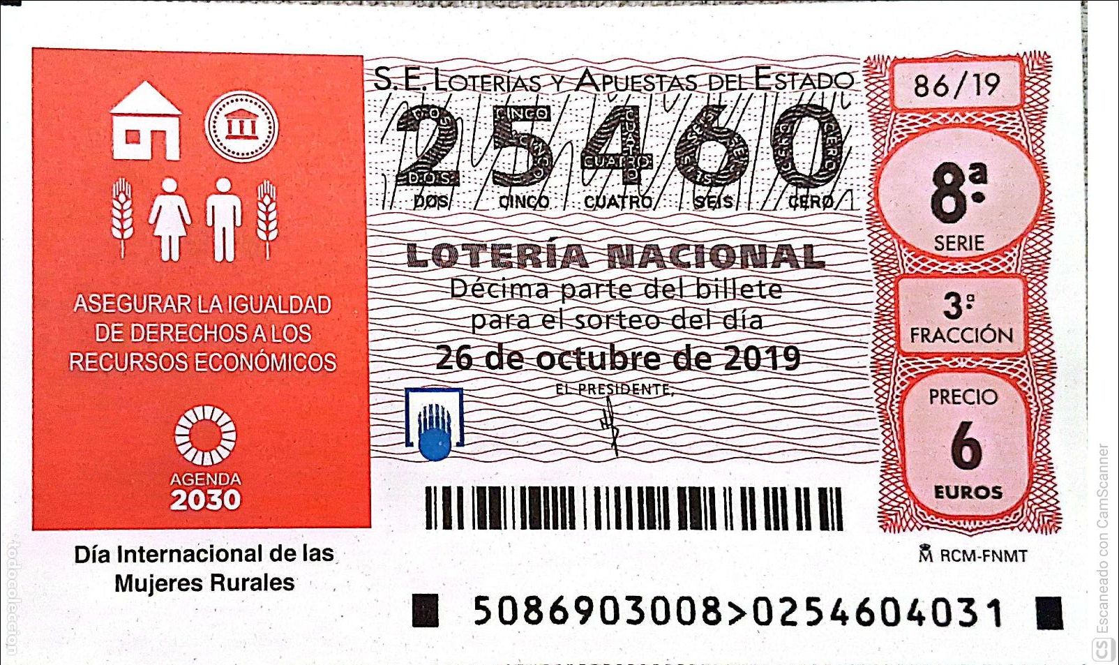 Loterie Nationale: Espa&ntilde;a. Loter&iacute;a. 2019. Sorteo: 86 D&iacute;a Internacional de las Mujeres Rurales. Fecha: 26 octubre