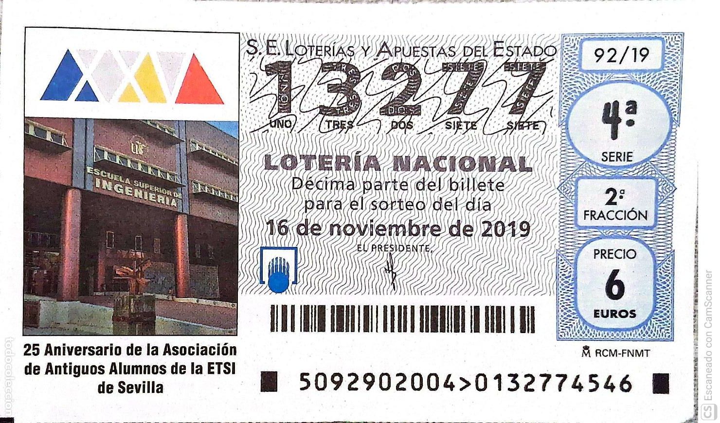 Loterie Nationale: Espa&ntilde;a. Loter&iacute;a. 2019. Sorteo: 92 Aniversario de la Asociaci&oacute;n de Antiguos Alumnos de la ETSI de Se