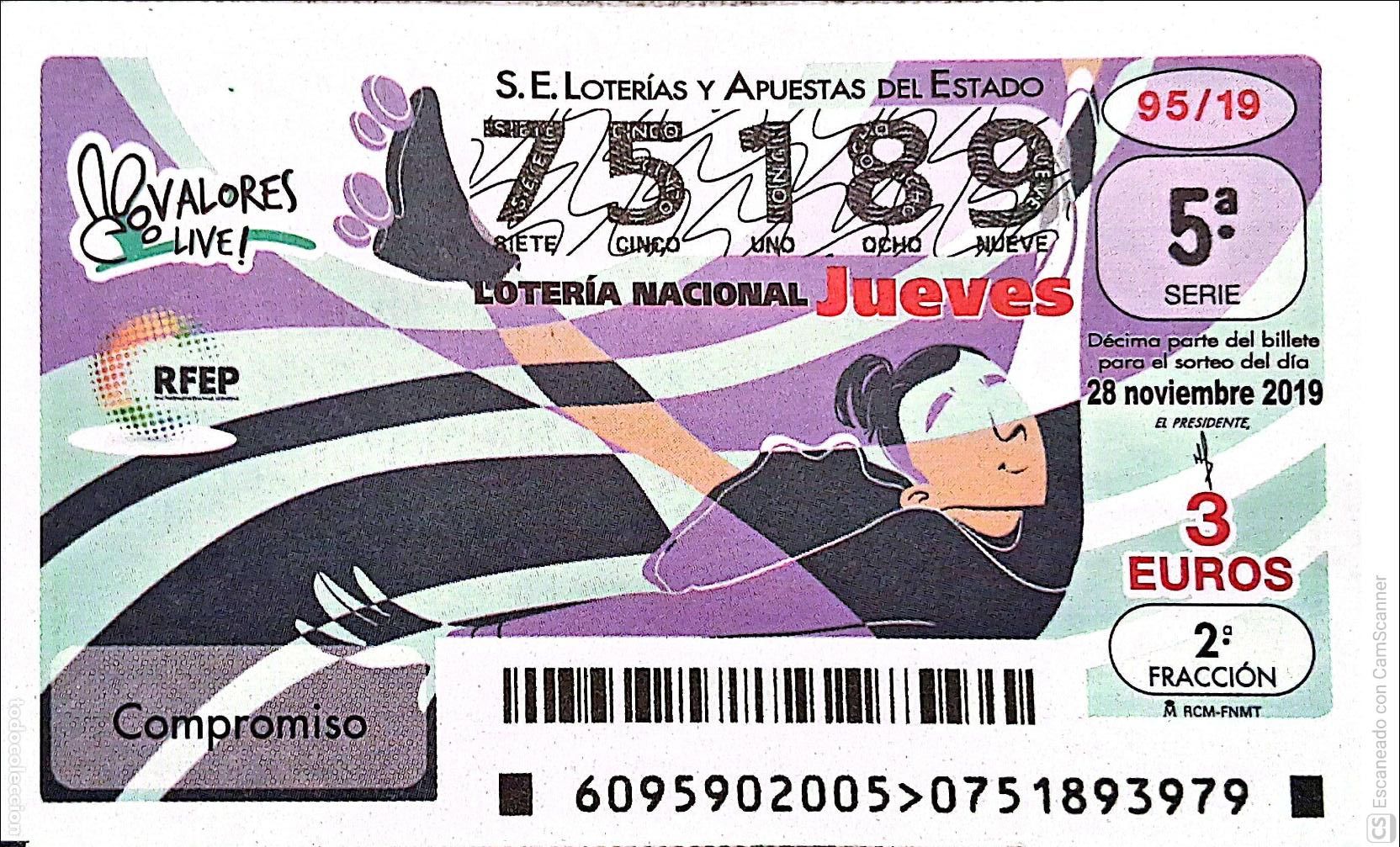 Nationale spanische Lotterie: Espa&ntilde;a. Loter&iacute;a. 2019. Sorteo: 95 Valores Live: Compromiso. Fecha: 28 noviembre
