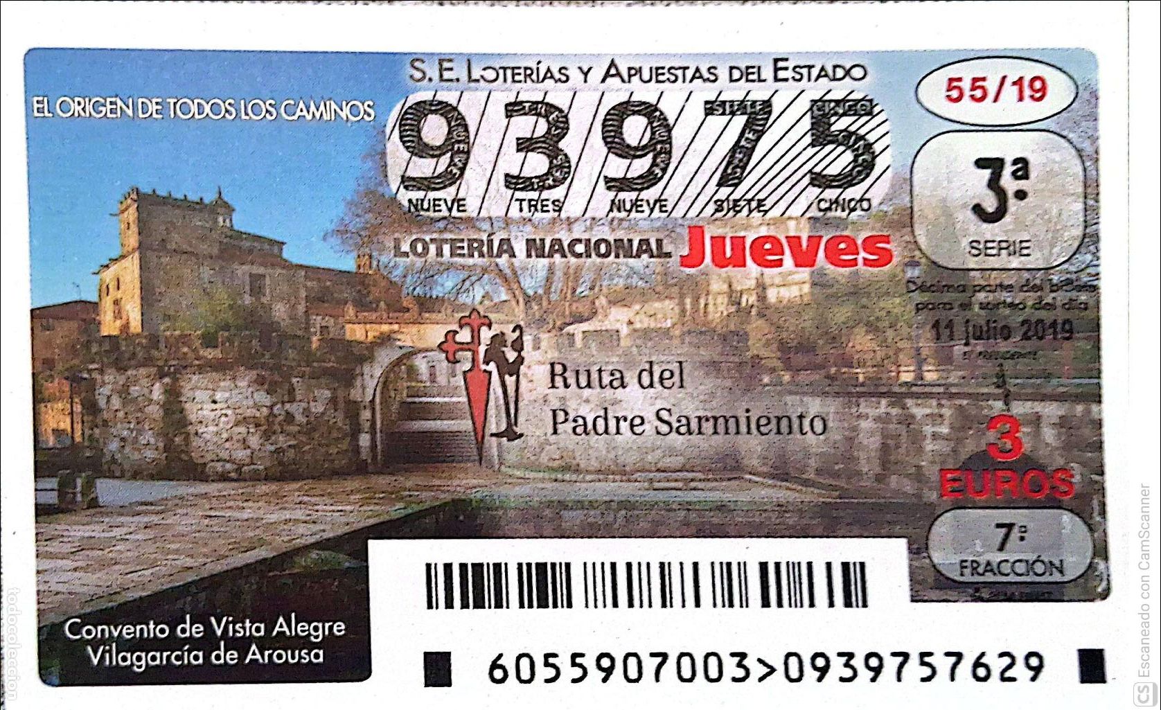 National Spanish Lottery: Espa&ntilde;a. Loter&iacute;a. 2019. Sorteo: 55 Ruta del Padre Sarmiento: Convento de Vista Alegre (Vilagarcia de