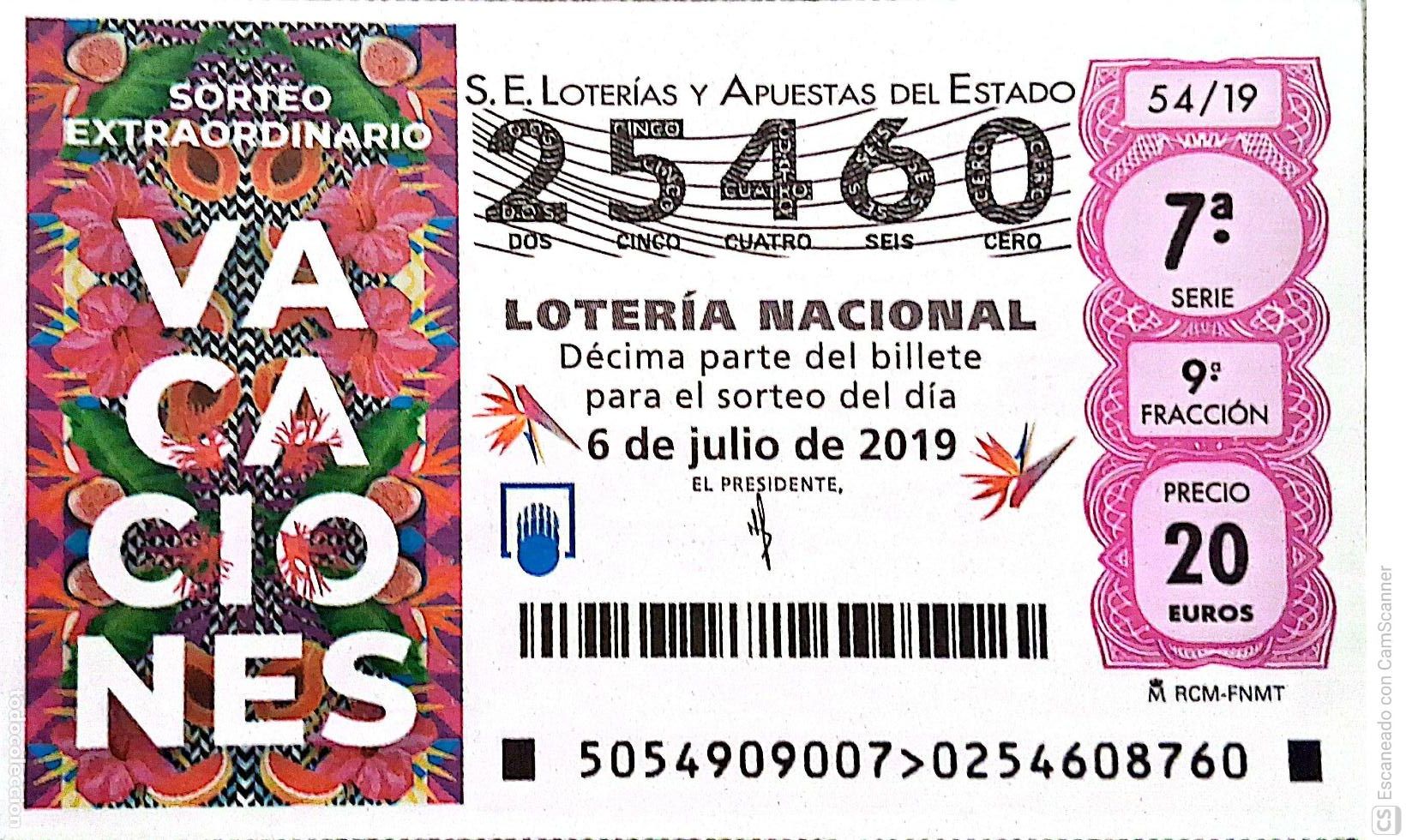 Loterie Nationale: Espa&ntilde;a. Loter&iacute;a. 2019. Sorteo: 54 Sorteo Extraordinario Vacaciones. Fecha: 6 julio