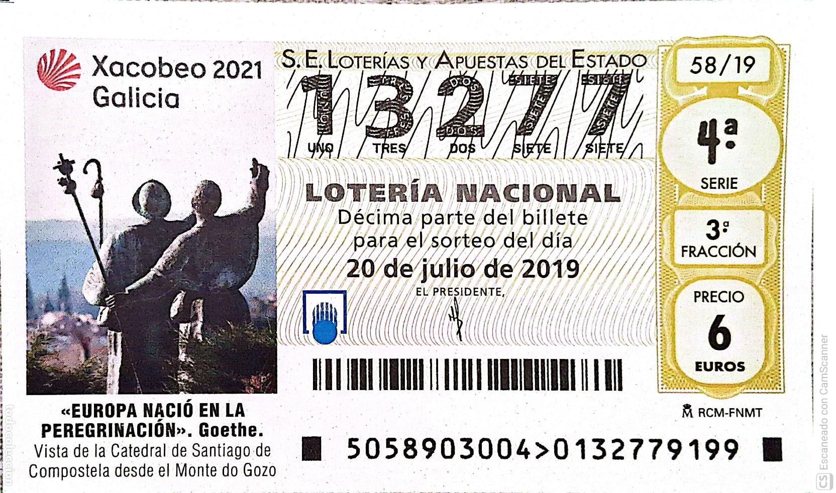 Loterie Nationale: Espa&ntilde;a. Loter&iacute;a. 2019. Sorteo: 58 Xacobeo 2021 Galicia. Vista desde el Monte do Gozo. Fecha: 20 jul
