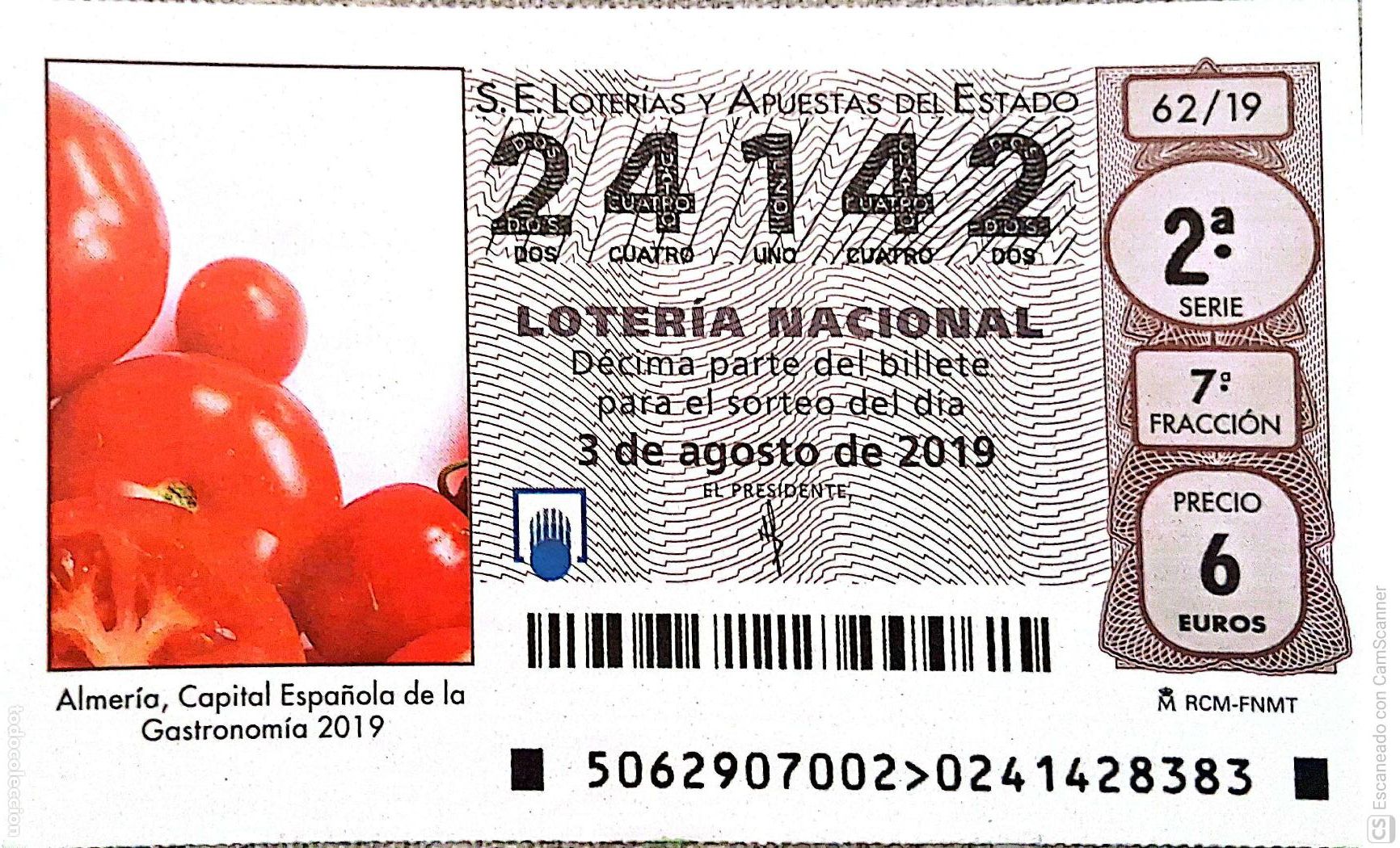 Loterie Nationale: Espa&ntilde;a. Loter&iacute;a. 2019. Sorteo: 62 Almer&iacute;a, Capital Espa&ntilde;ola de la Gastronom&iacute;a. Fecha: 3 agosto
