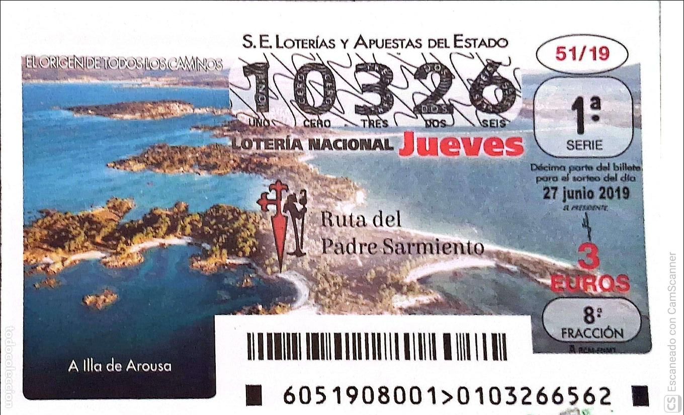 Loterie Nationale: Espa&ntilde;a. Loter&iacute;a. 2019. Sorteo: 51 Ruta del Padre Sarmiento: A Illa de Arousa. Fecha: 27 junio