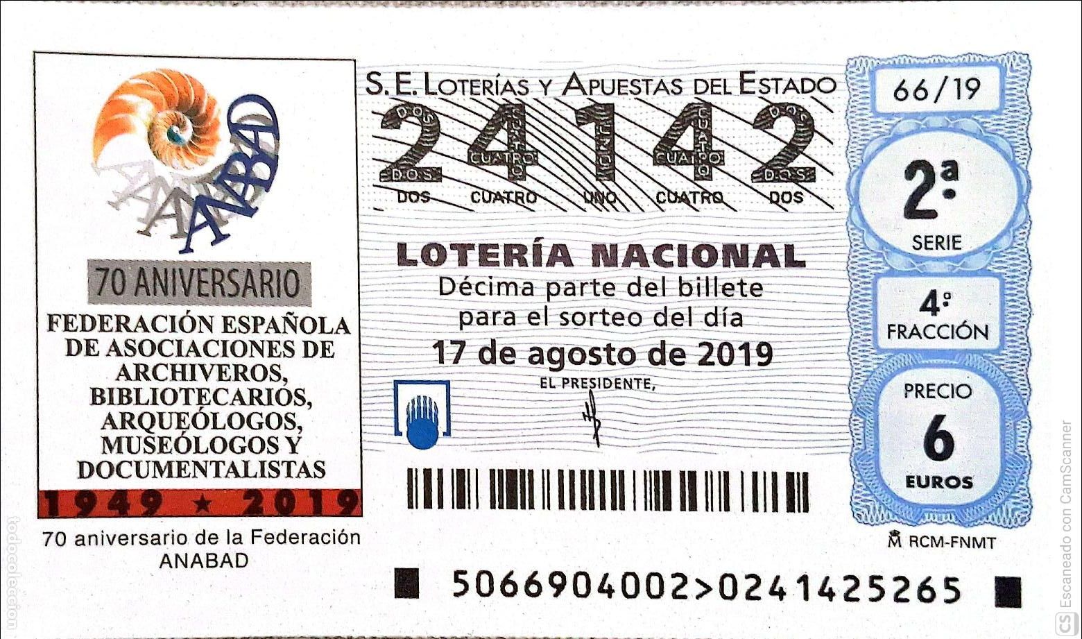 Loterie Nationale: Espa&ntilde;a. Loter&iacute;a. 2019. Sorteo: 66 70 Aniversario Archiveros, Bibliotecarios, Arque&oacute;logos.... Fecha: