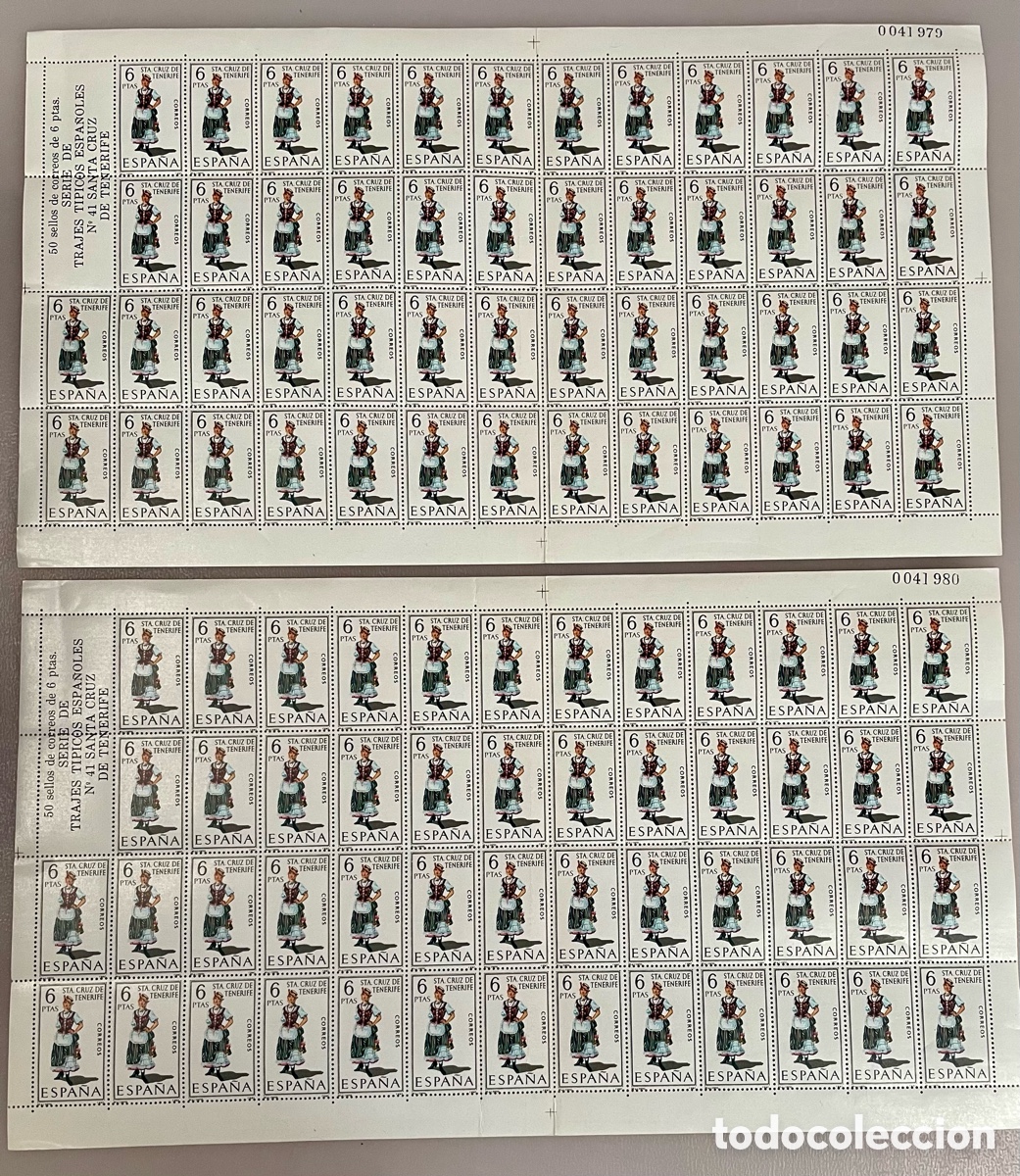 Loterie Nationale: Hoja completa 50 sellos Espa&ntilde;a 1970 &ndash; Trajes Regionales Santa Cruz de Tenerife &ndash; Edifil 2041