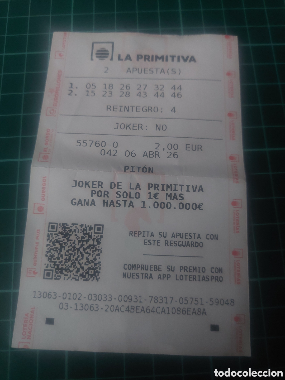 Loter&iacute;a Nacional: PITON ORENSE PRIMITIVA ABRIL 2026 BOLETO