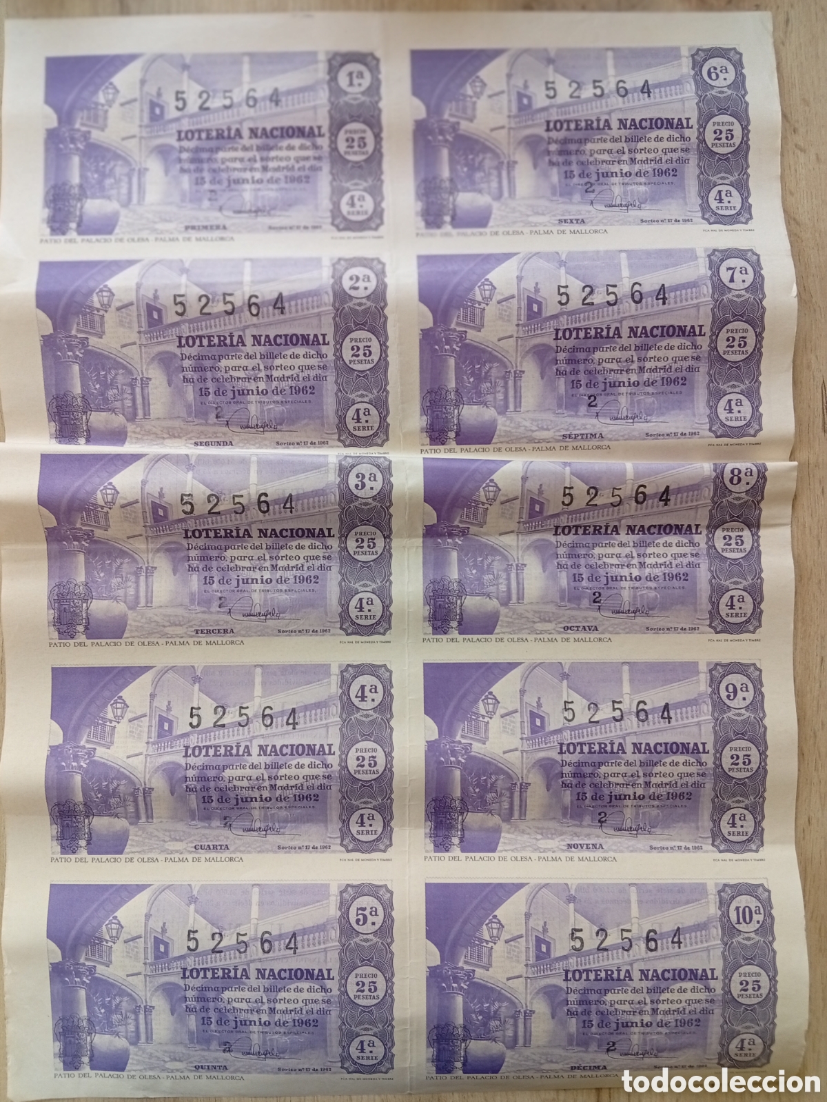 Loter&iacute;a Nacional: Loter&iacute;a nacional a&ntilde;o 1962 pliego de 10 decimos